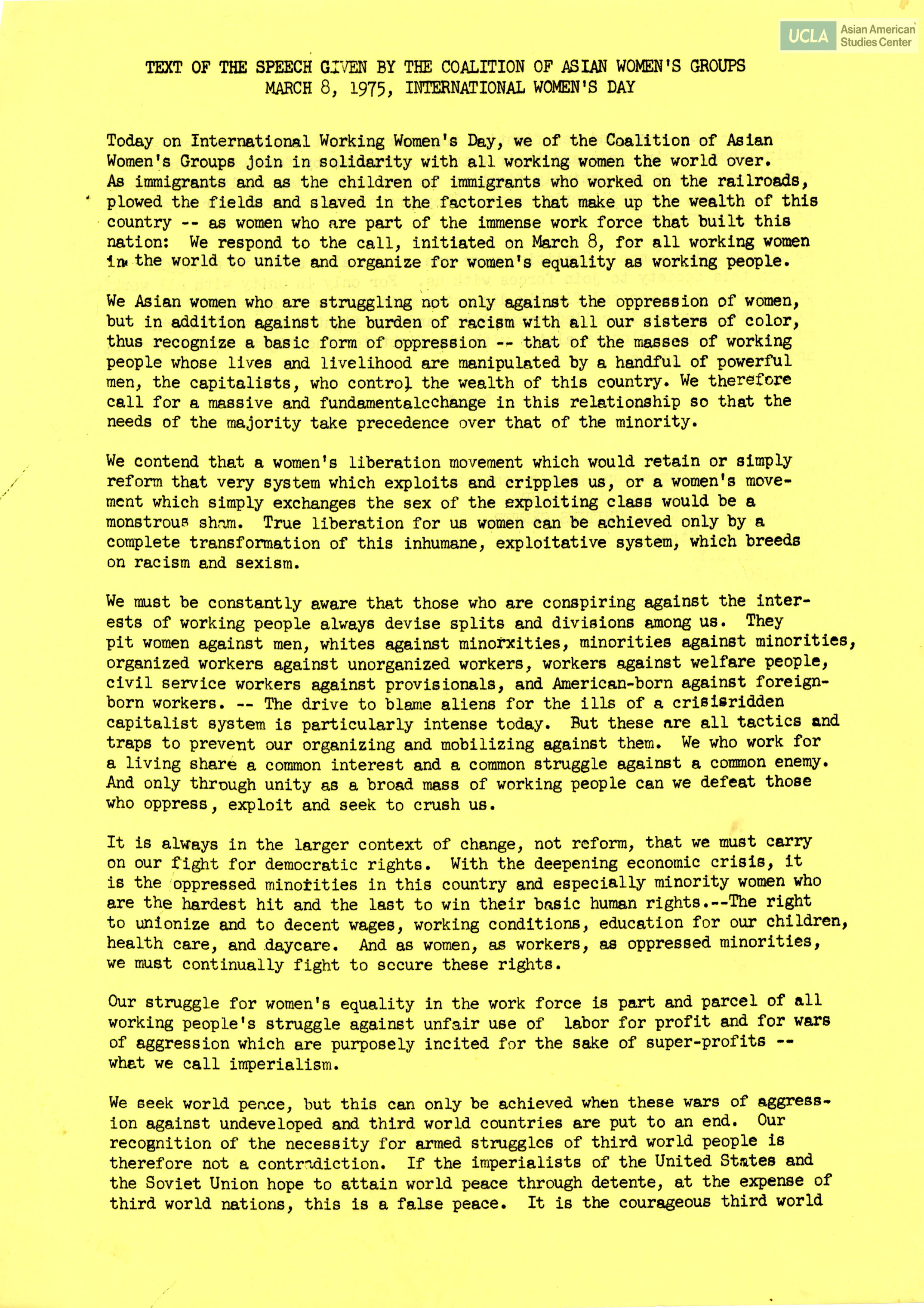 Speech from the Asian Women's Coalition on International Women's Day.