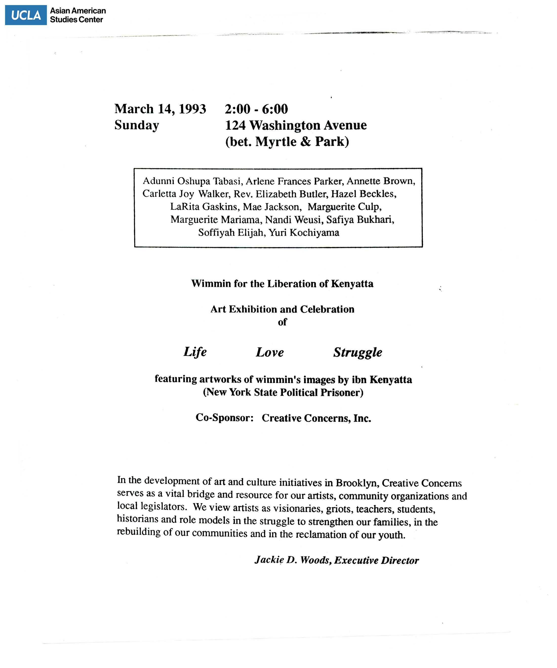 Flyer regarding art exhibit and celebation of Kenyatta liberation.