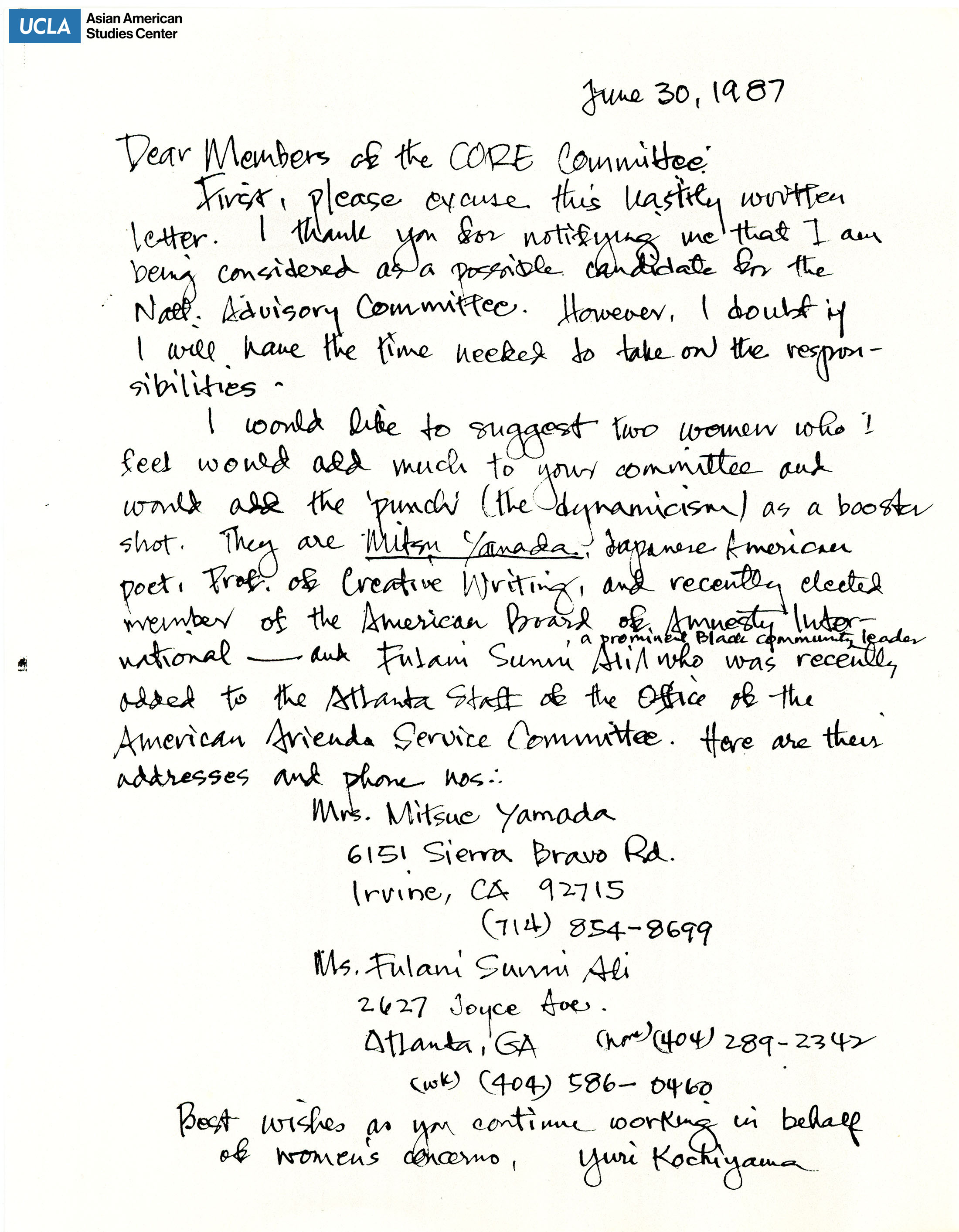 Letter regarding rejecting offer for advisory committee.