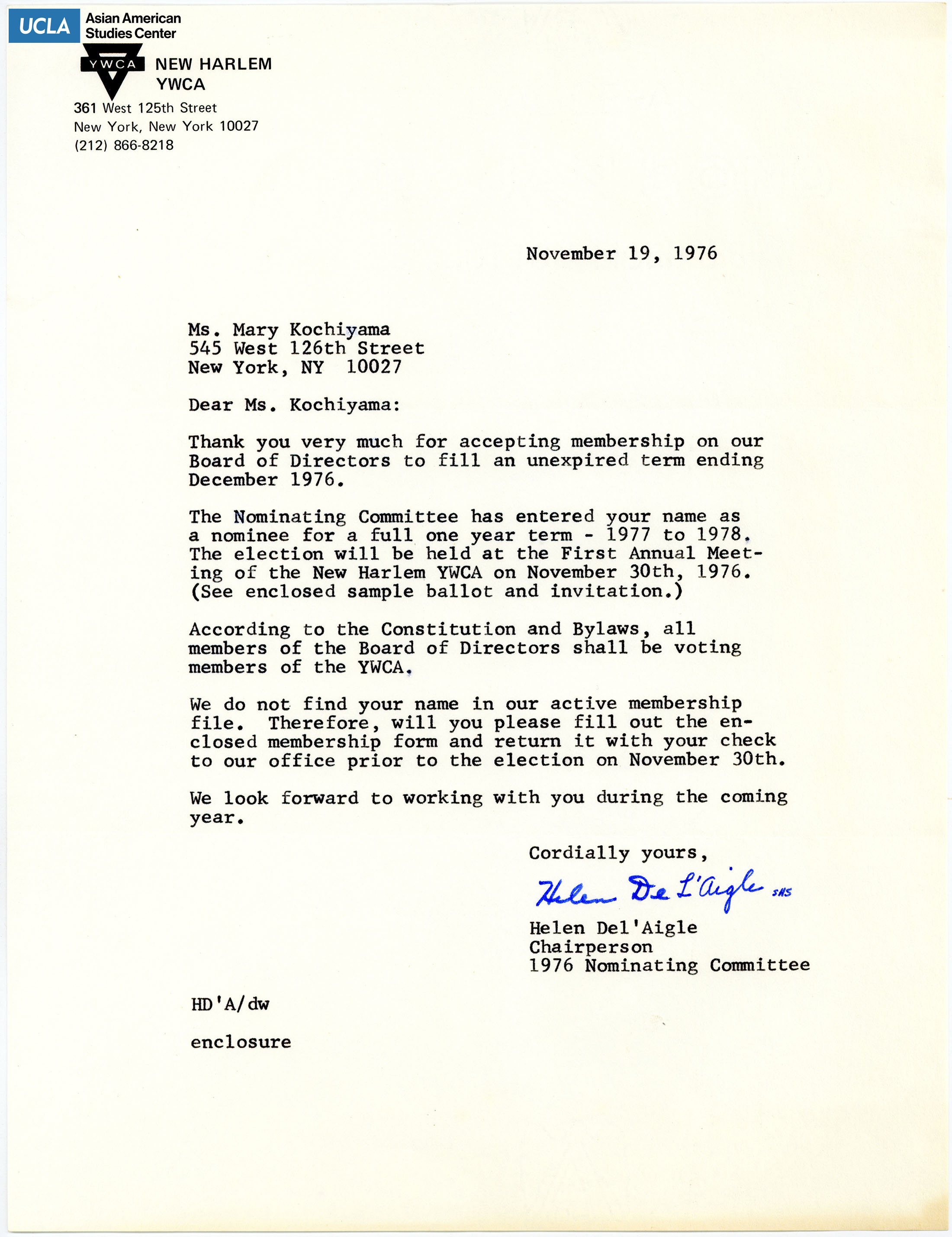 Letter addressed to Yuri Kochiyama regarding acceptance on Board of Directors.