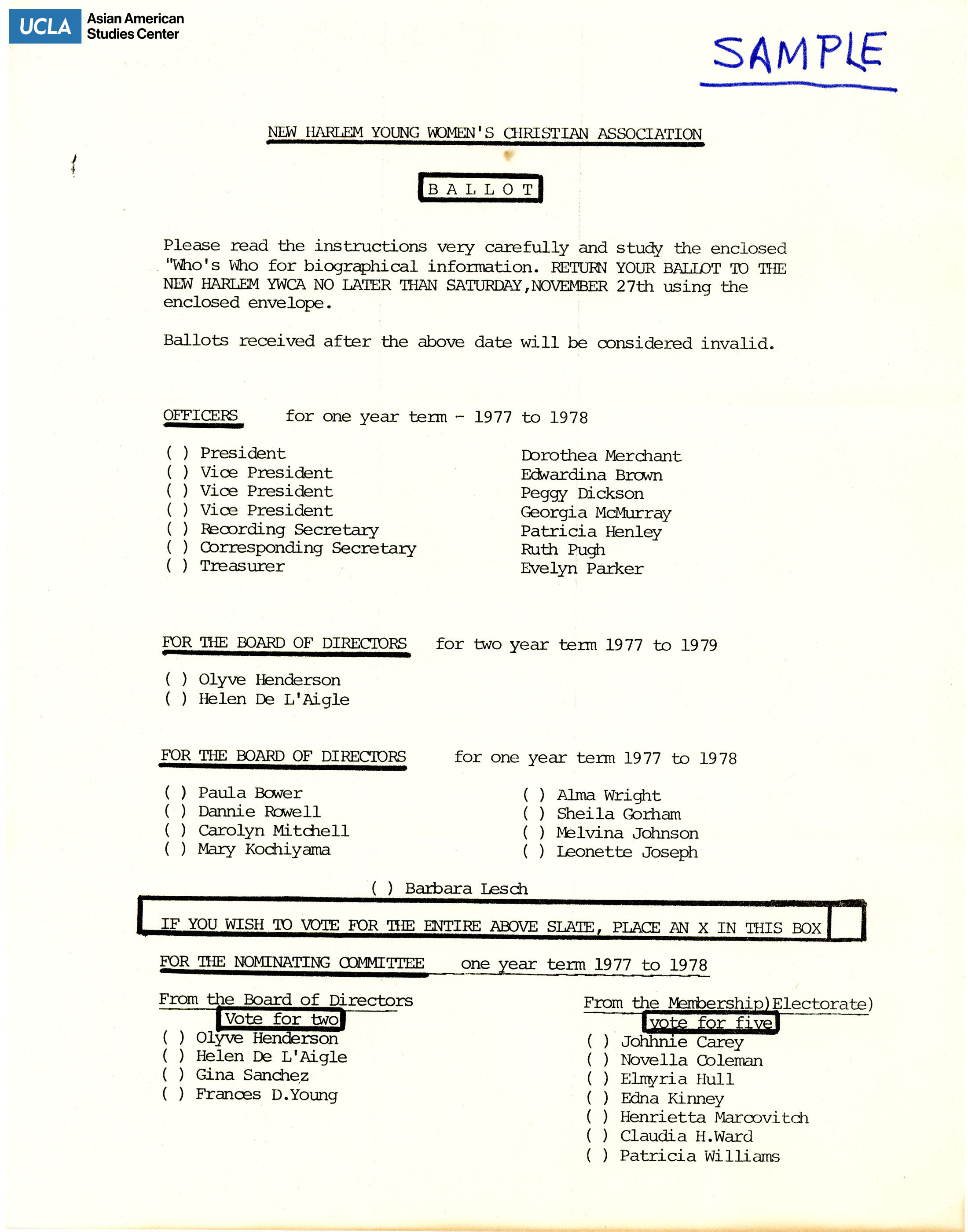 Sample ballot regarding the New Harlem Young Women's Christian Association.