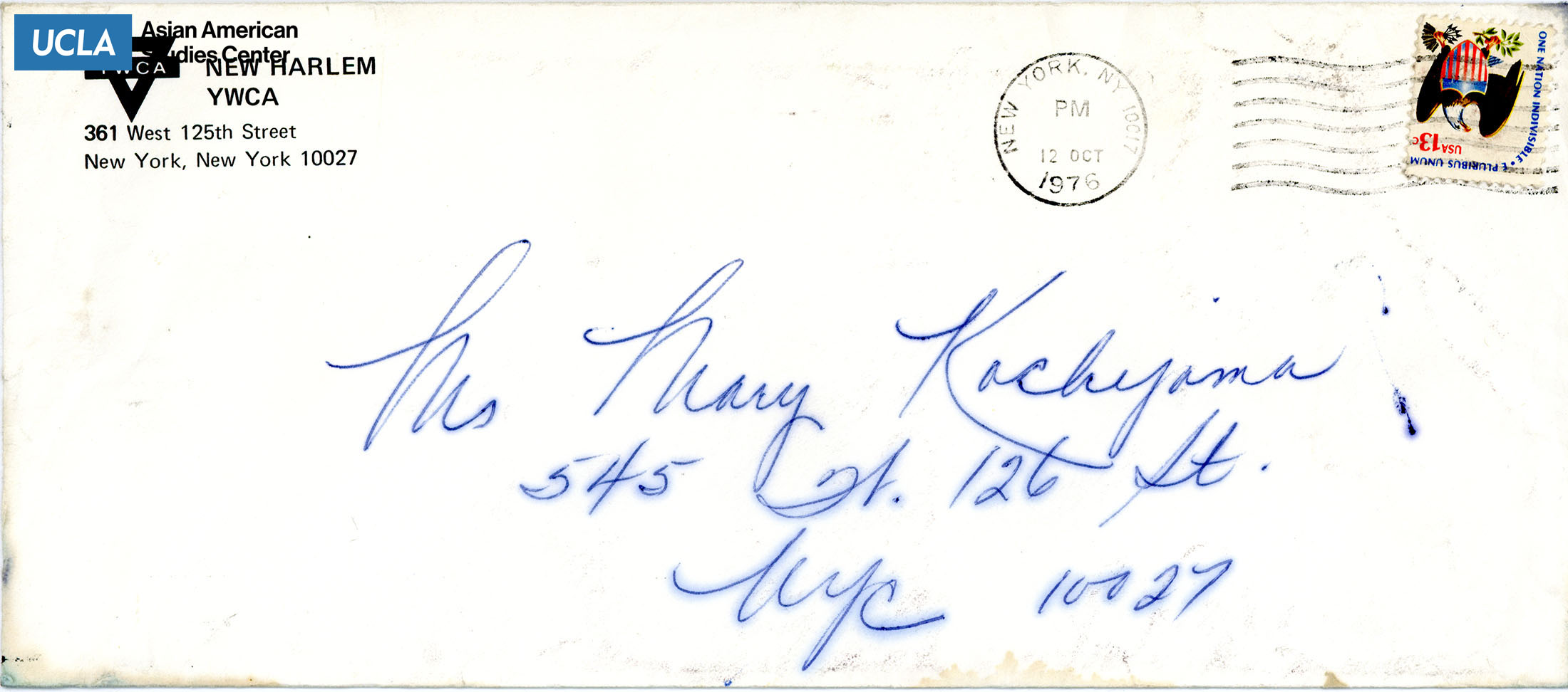 Envelope addressed to Yuri Kochiyama. Postmarked on October 12, 1976.