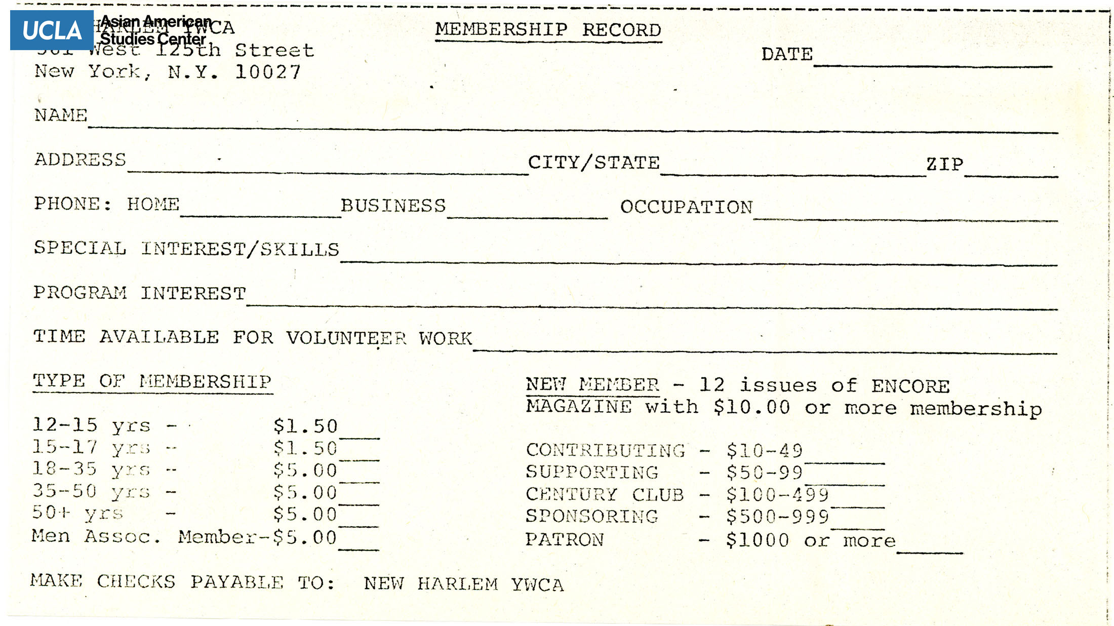 Membership record from New Harlem YWCA. Includes member address, type of membership, and contribution.