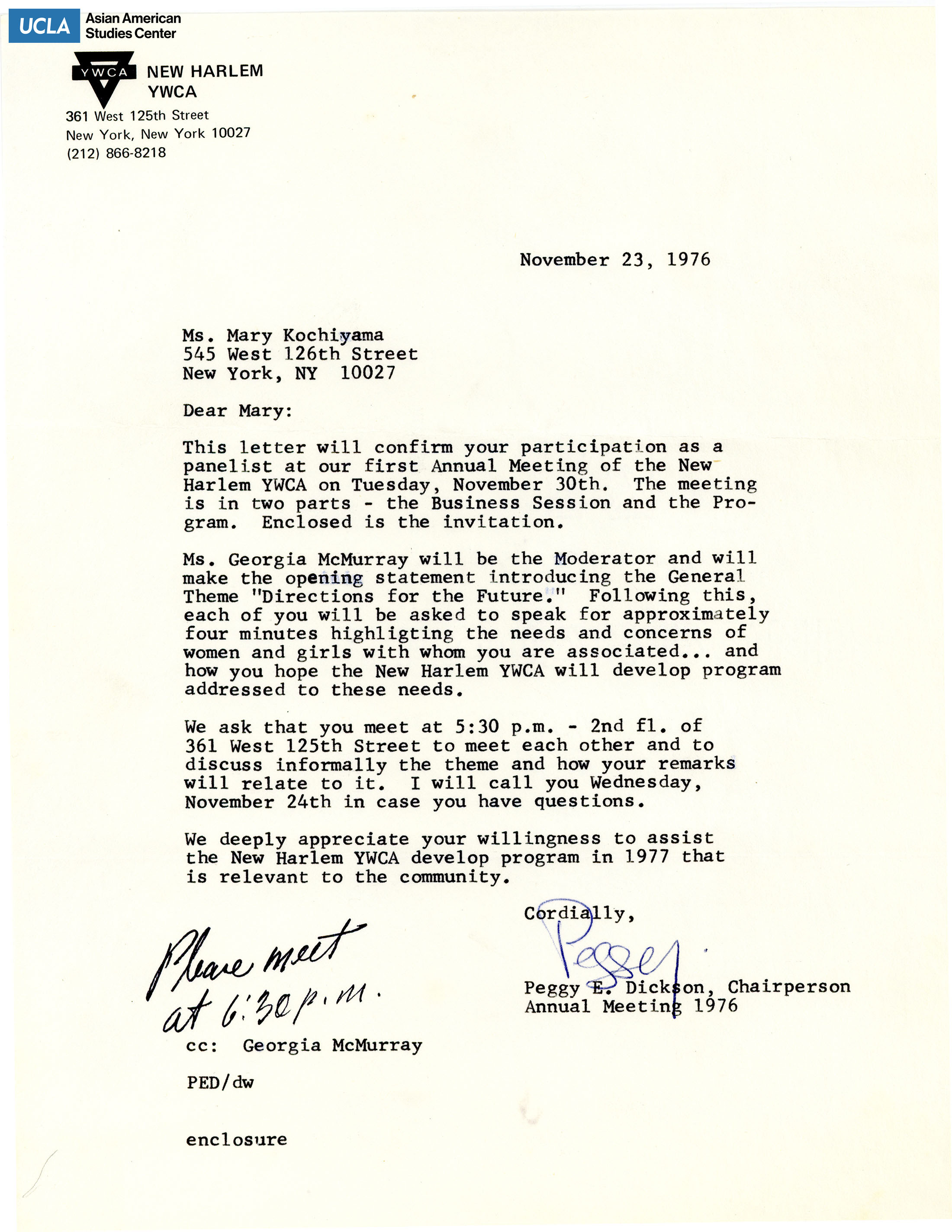 Letter of confirmation for the participation in the New Harlem YWCA annual meeting.