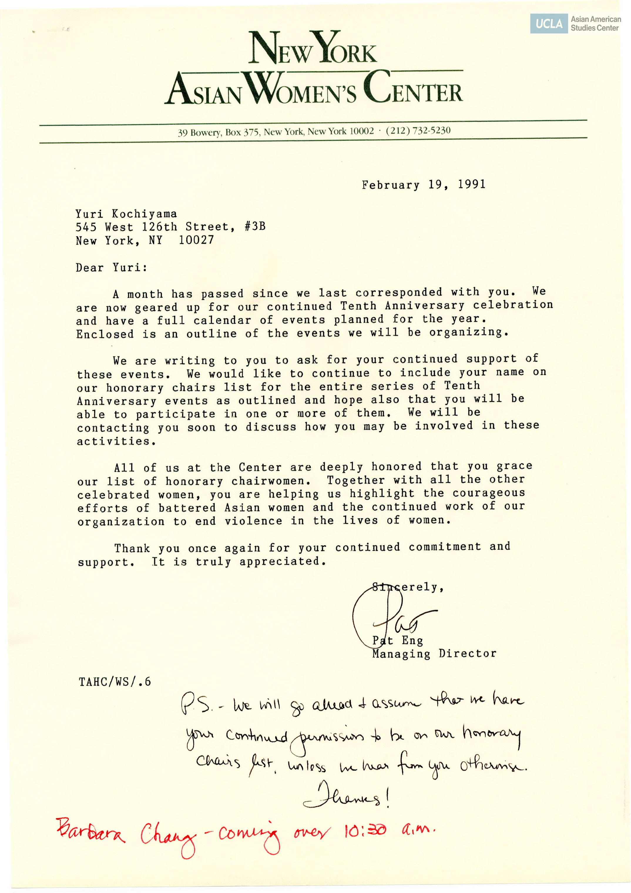 Letter from Pat Eng, Managing Director, of New York Asian Women's Center regarding the tenth anniversary celebration. Includes outline of events for anniversary celebration.
