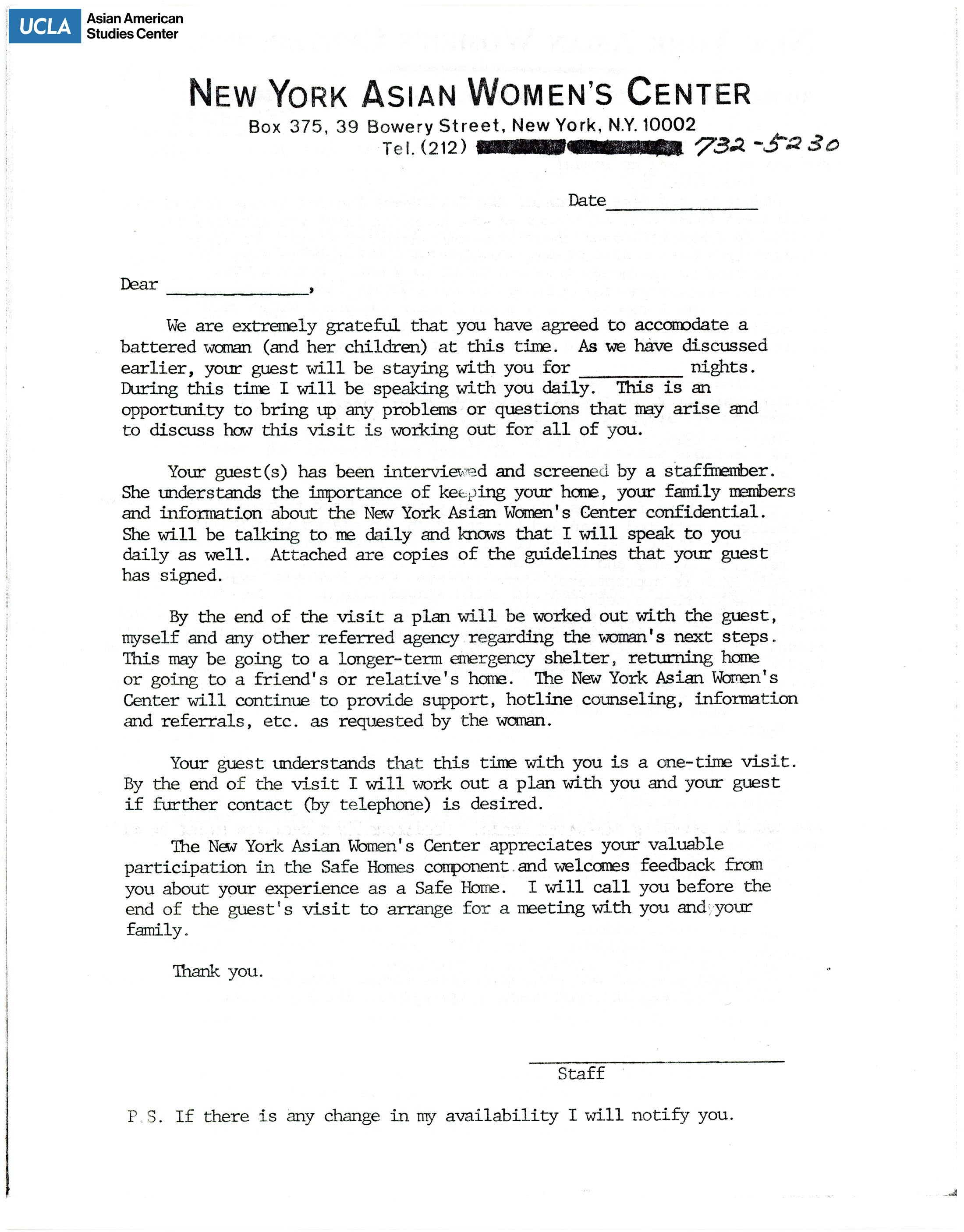Template letter regarding the housing of women and their children.