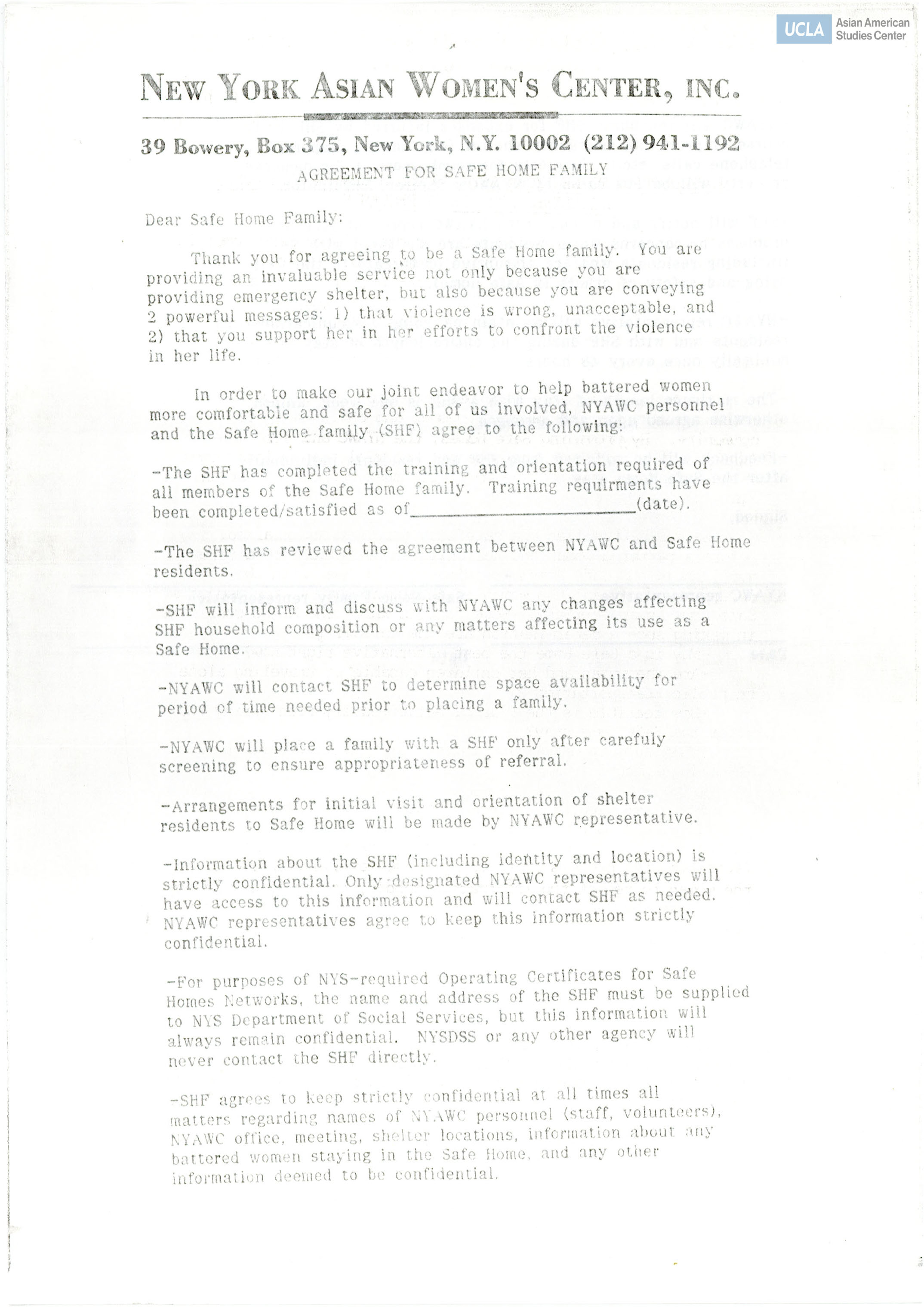 Template letter regarding training requirements for housing women and their children.
