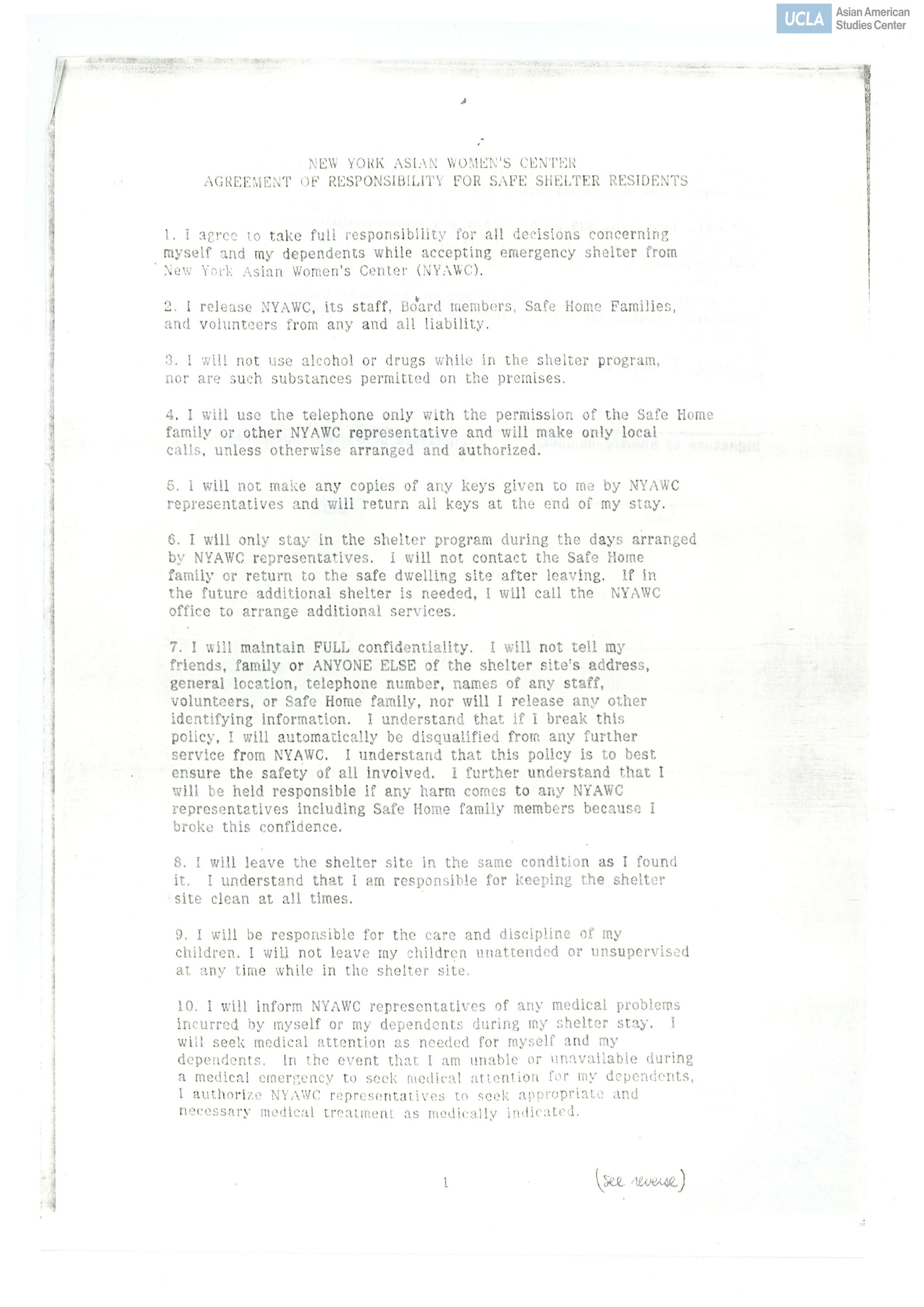 Agreement of responsibility for residents providing safe shelter to women and children.