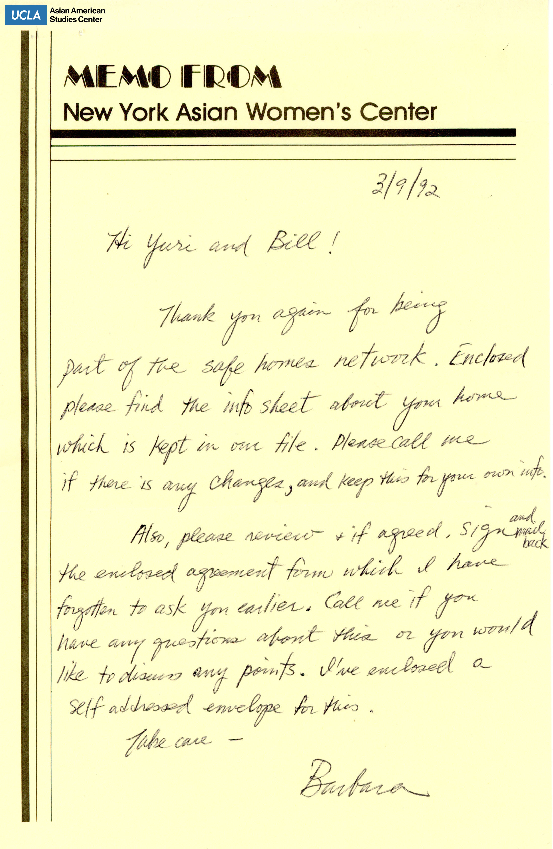 Letter of thanks on being part of the New York Asian Women's Center Safe Homes.