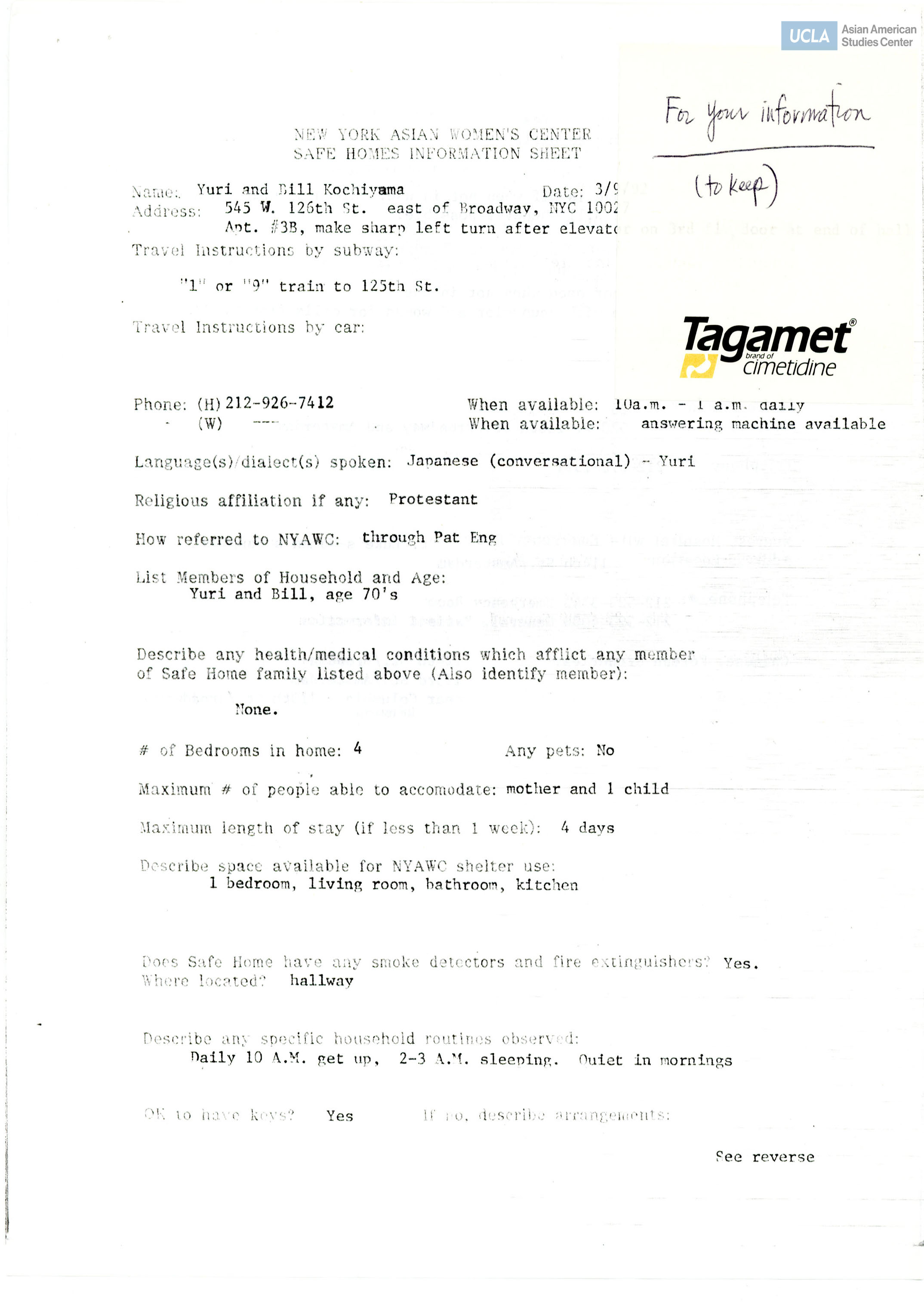 Information sheet regarding Yuri and Bill's information on providing residence for women and children.