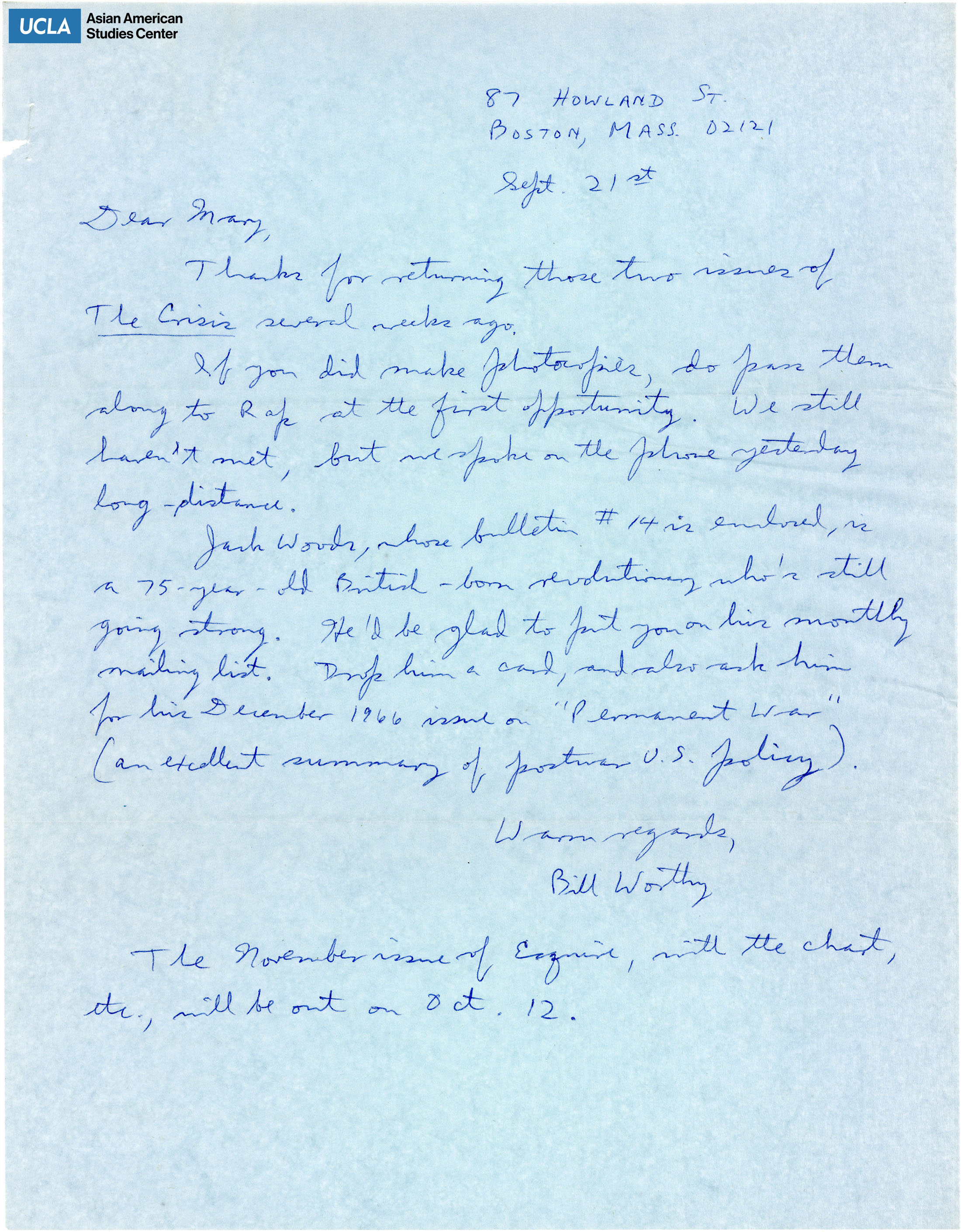 Letter of thanks for returning the issues of 