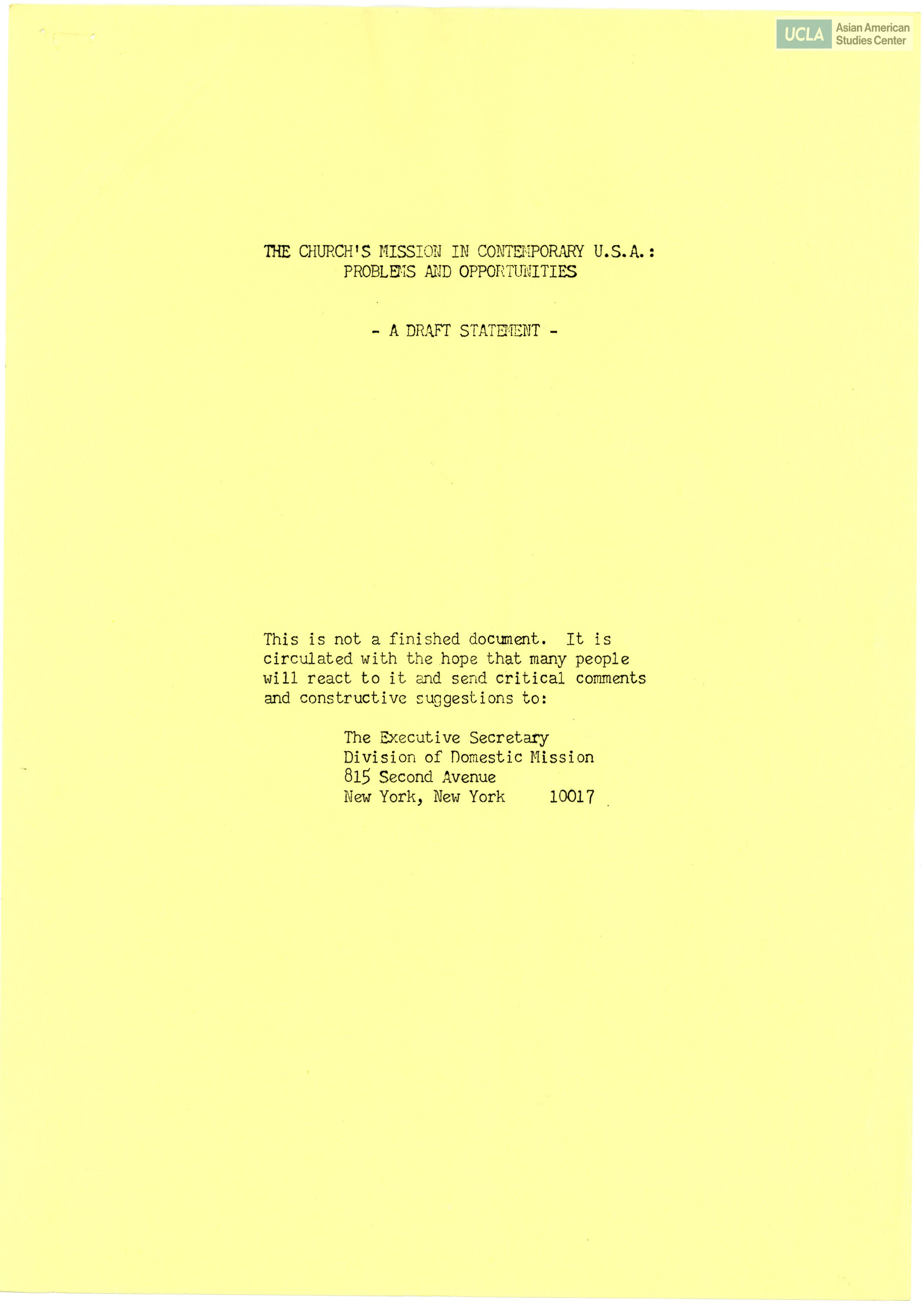 Draft statement regarding the church's mission and opprotunities.