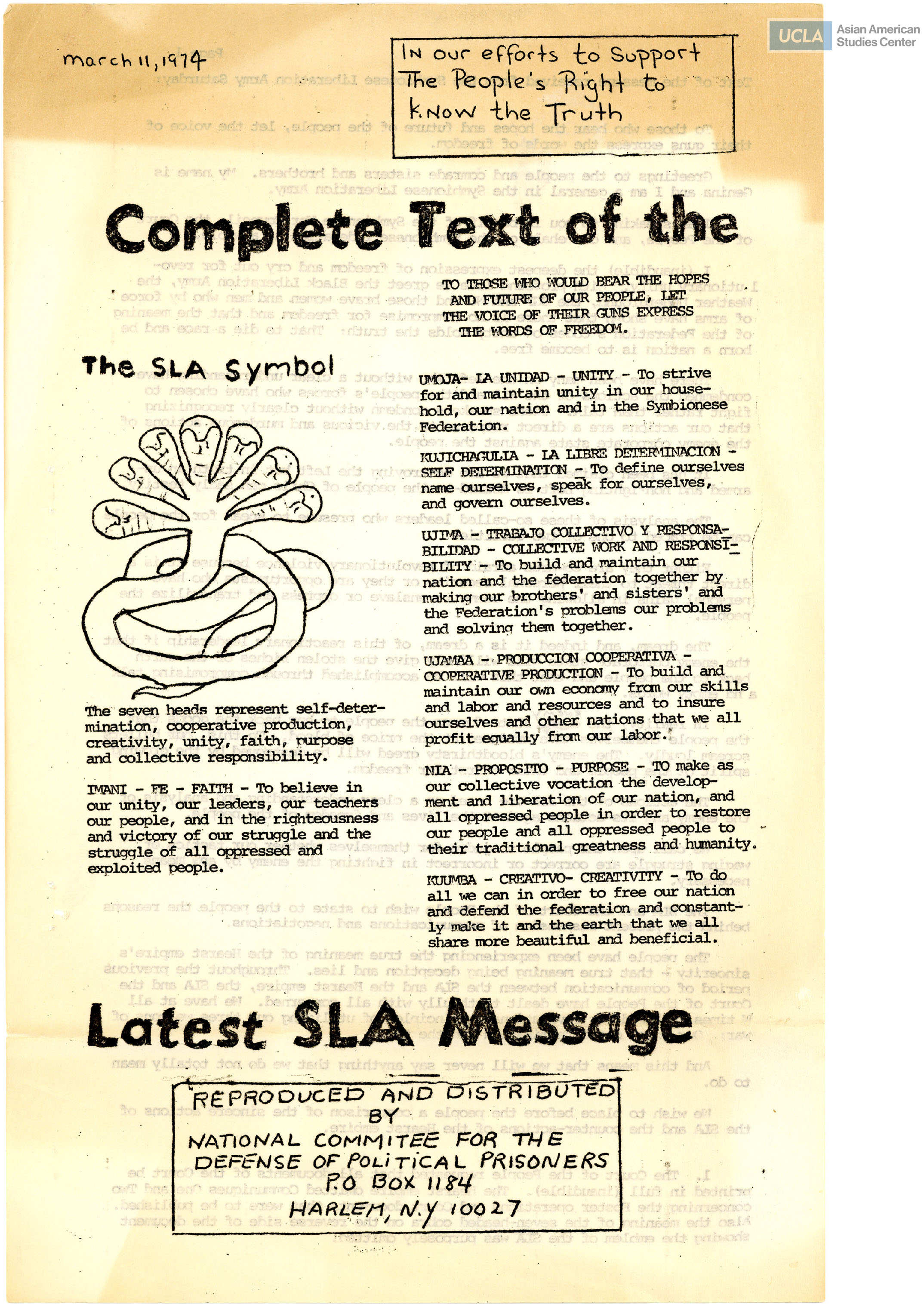 Newsletter regarding message from the Symbionese Liberation Army.