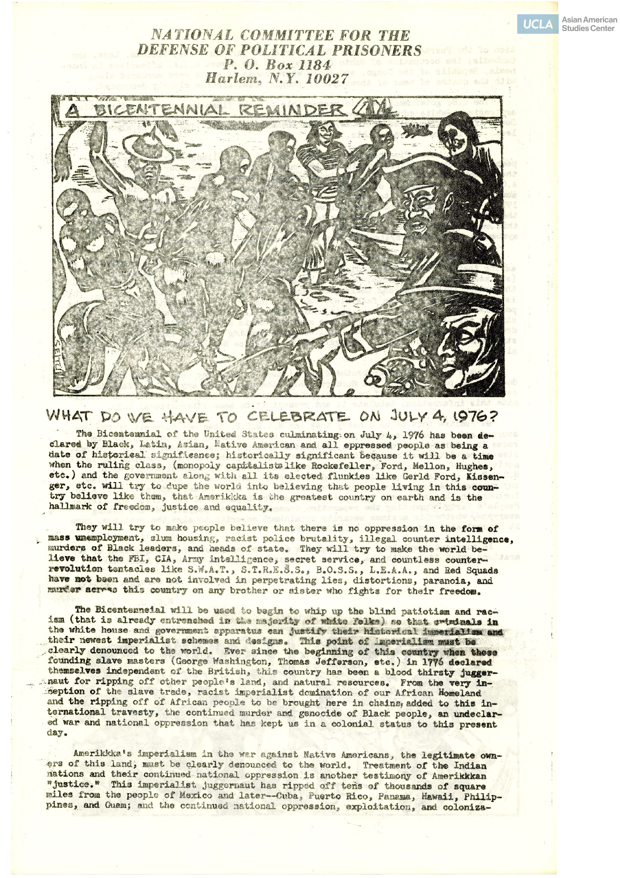 Flyer regarding the opposition on bicentennial of July 4, 1976.
