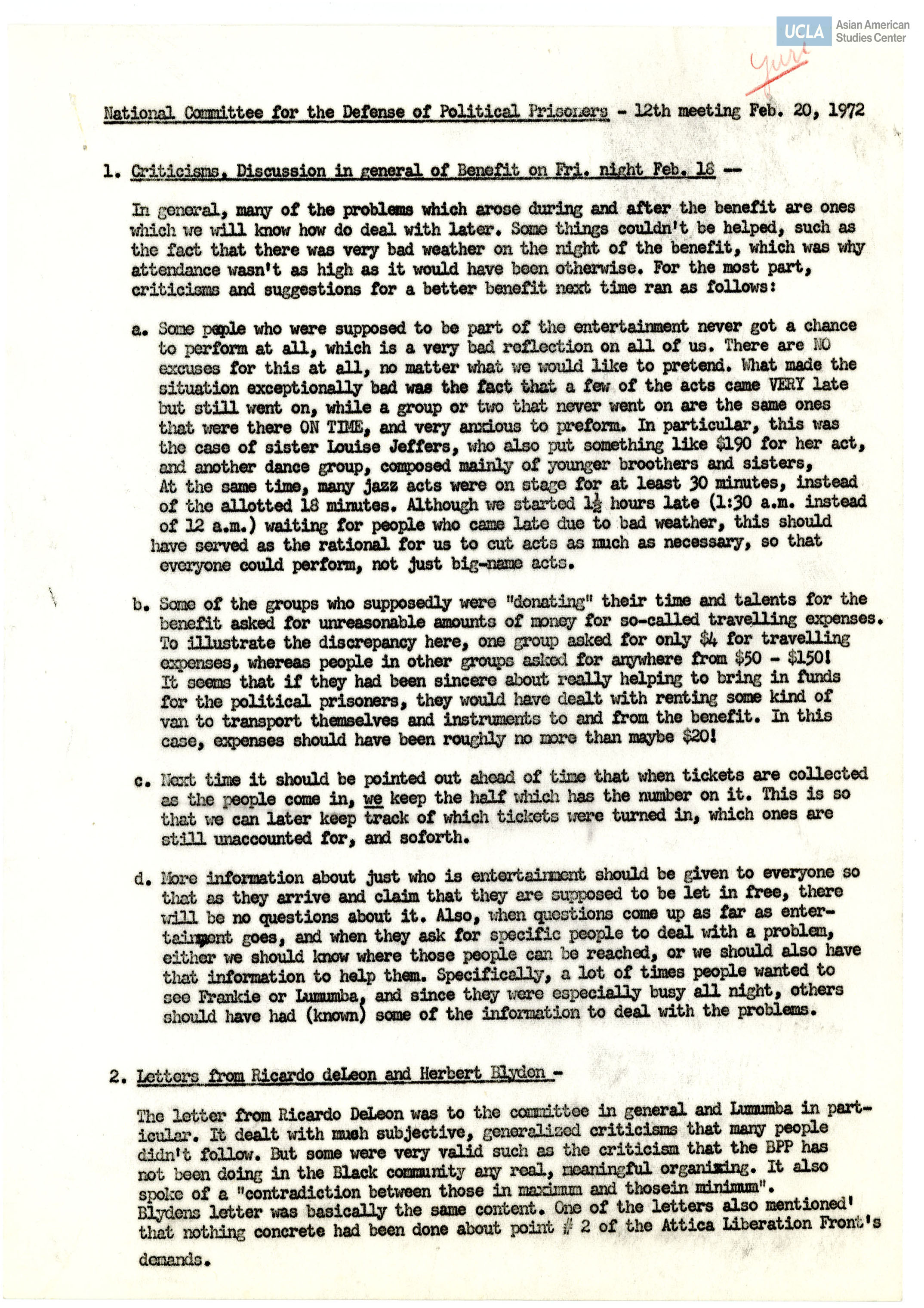 Meeting minutes regarding National Committee for the Defense of Political Prisoners.