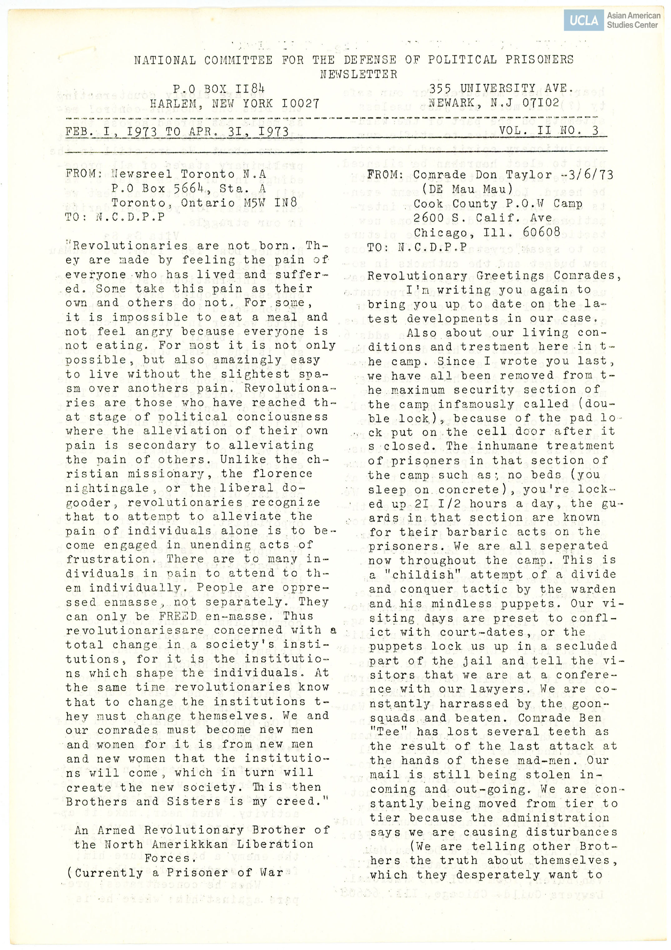 Newsletters includes letter from political prisoners.
