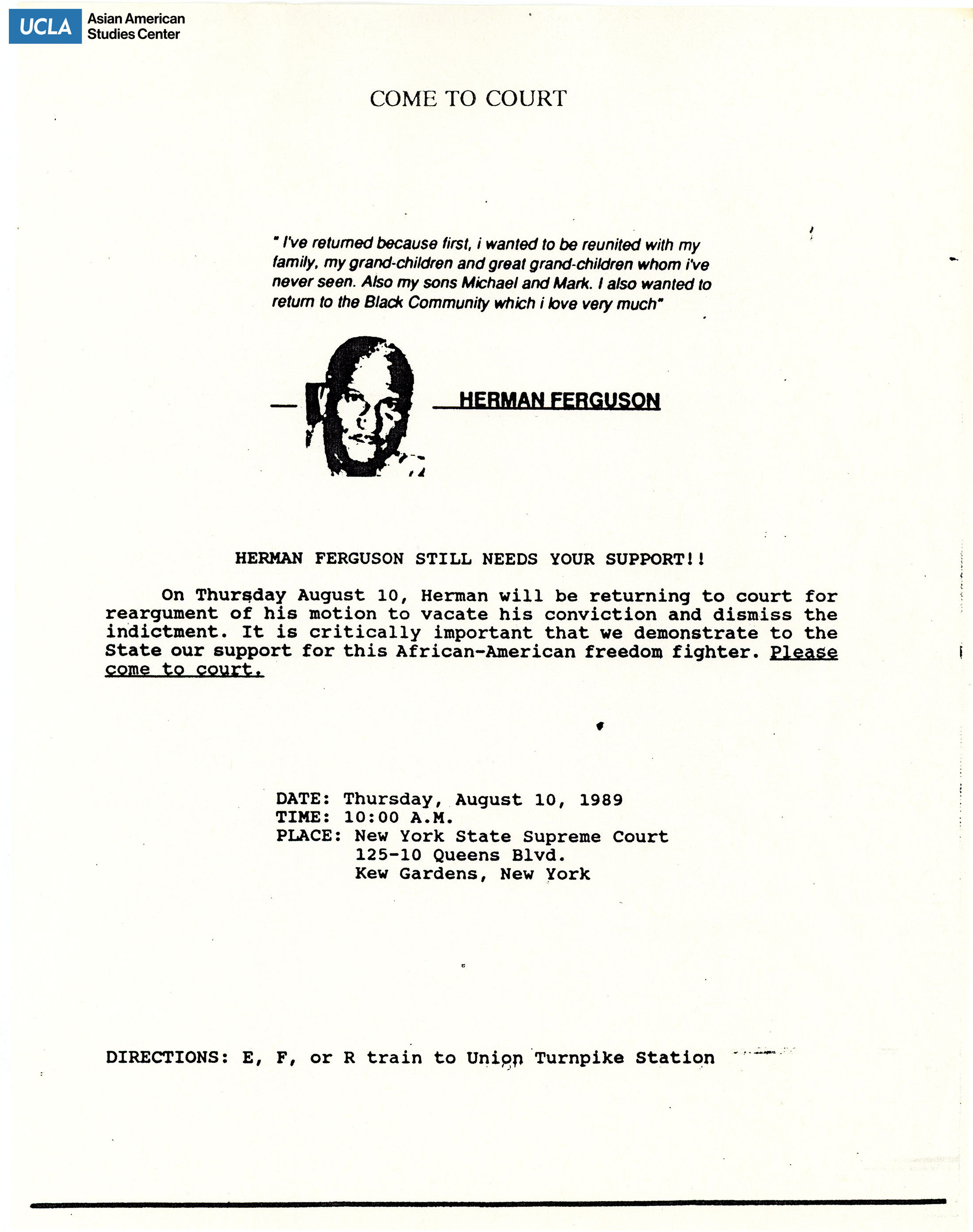 Flyer regarding support for Herman Ferguson.