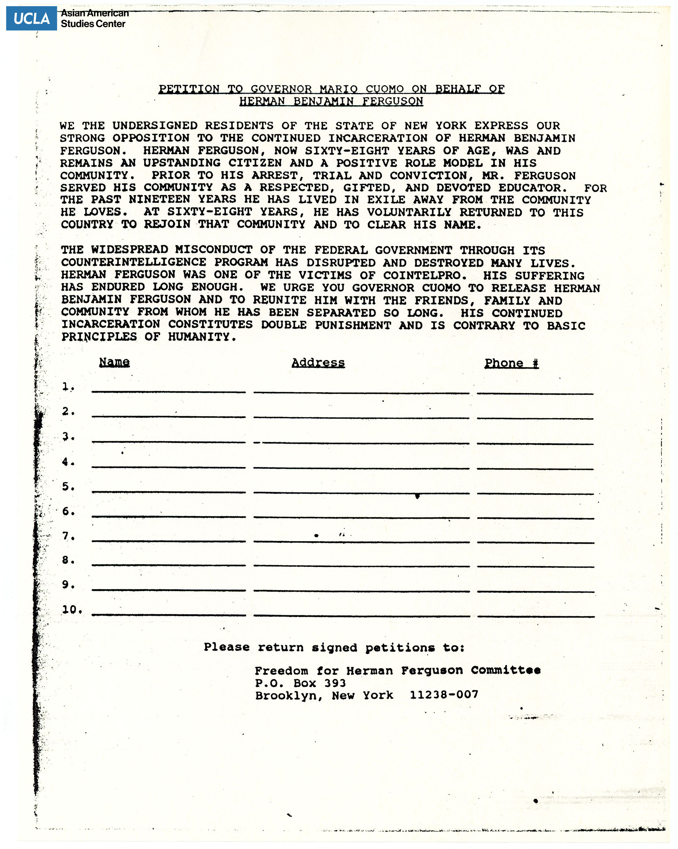 Petition to Governor Mario Cuomo for the release of Herman Benjamin Ferguson.