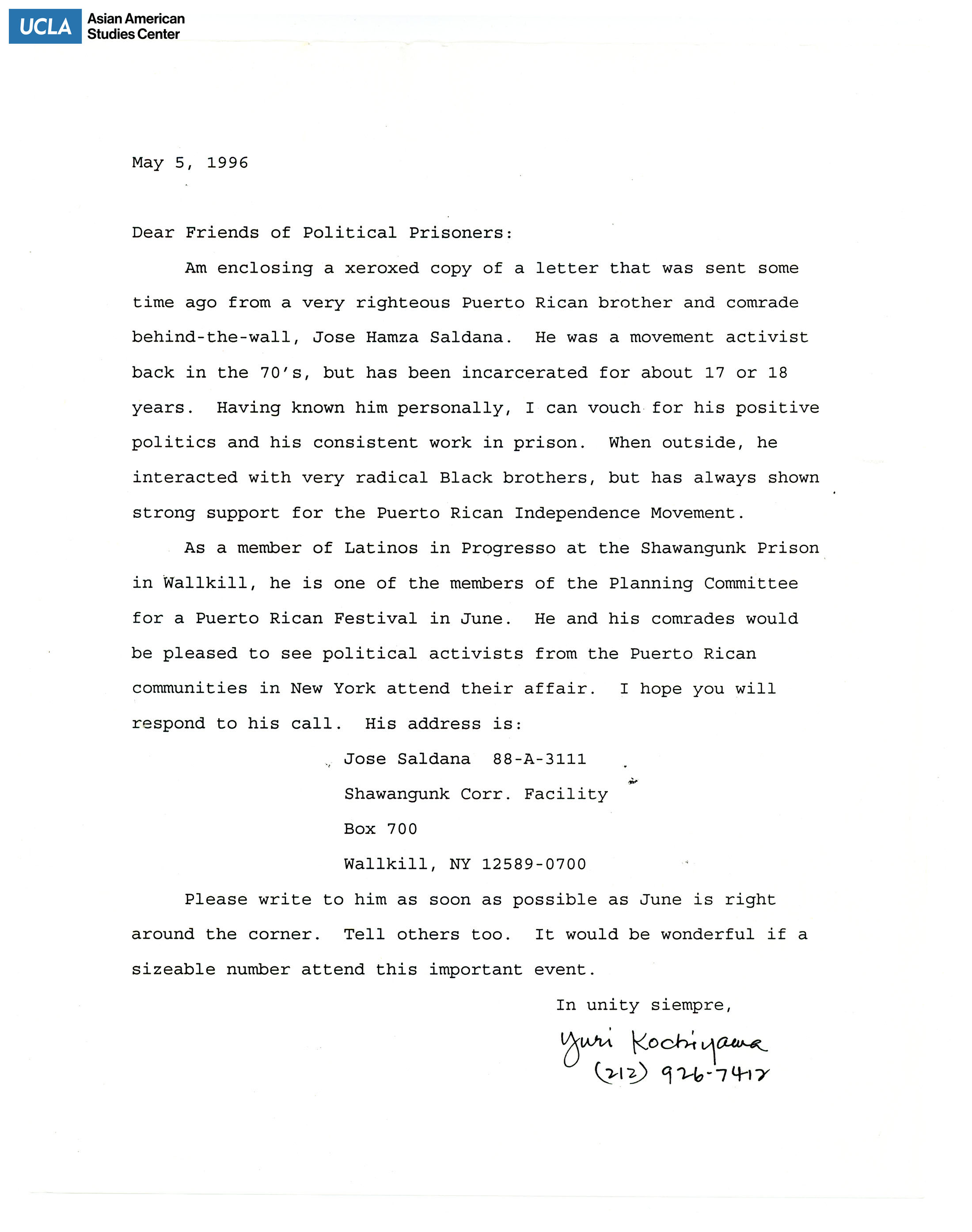 Letter regarding the political prisoner Jose Hamza Saldana and the support for release. While incarcerated, Jose Hamza Saldana obtained a college degree and fought for criminal justice reform.