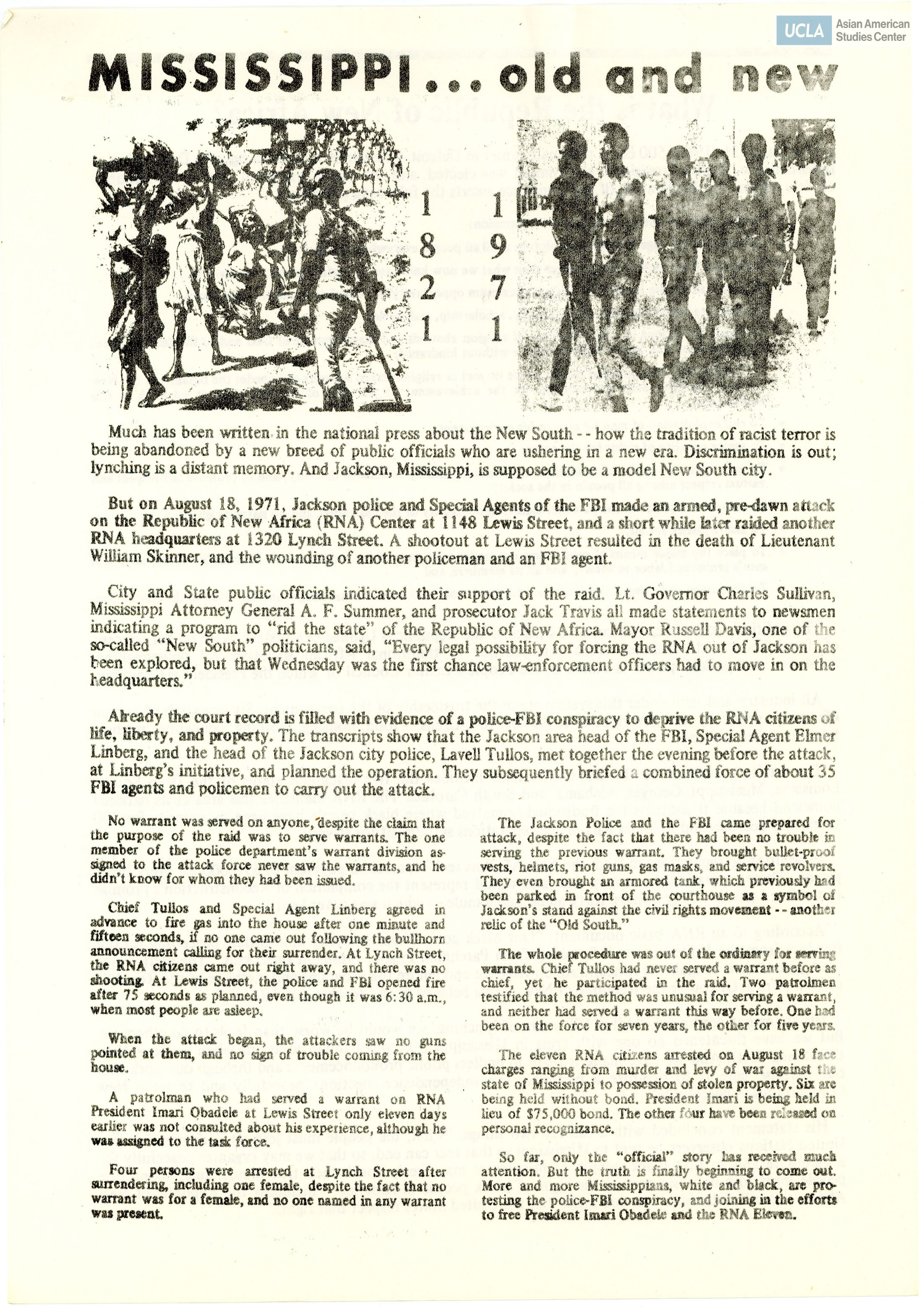 Leaflet regarding armed raid on the Republic of New Africa in Jackson, Mississippi.