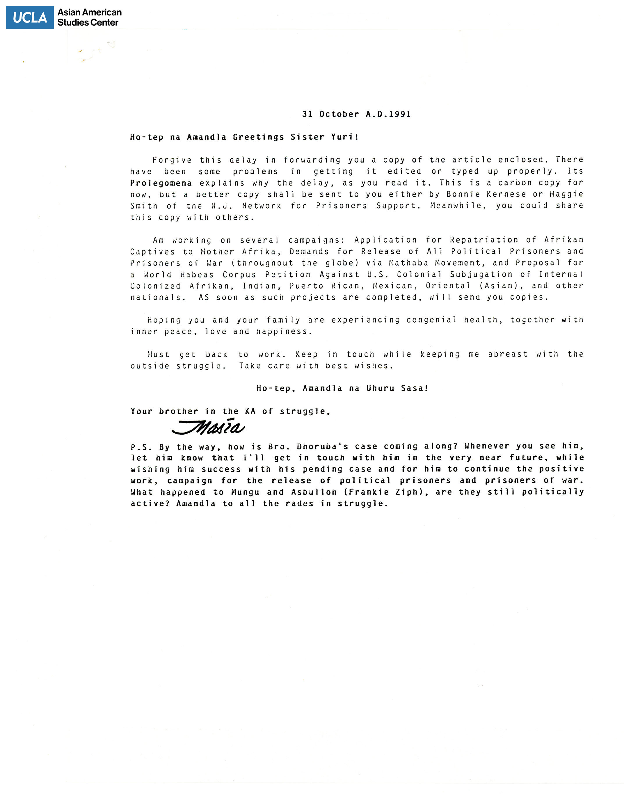 Letter regarding campaigns for releasing political prisoners.
