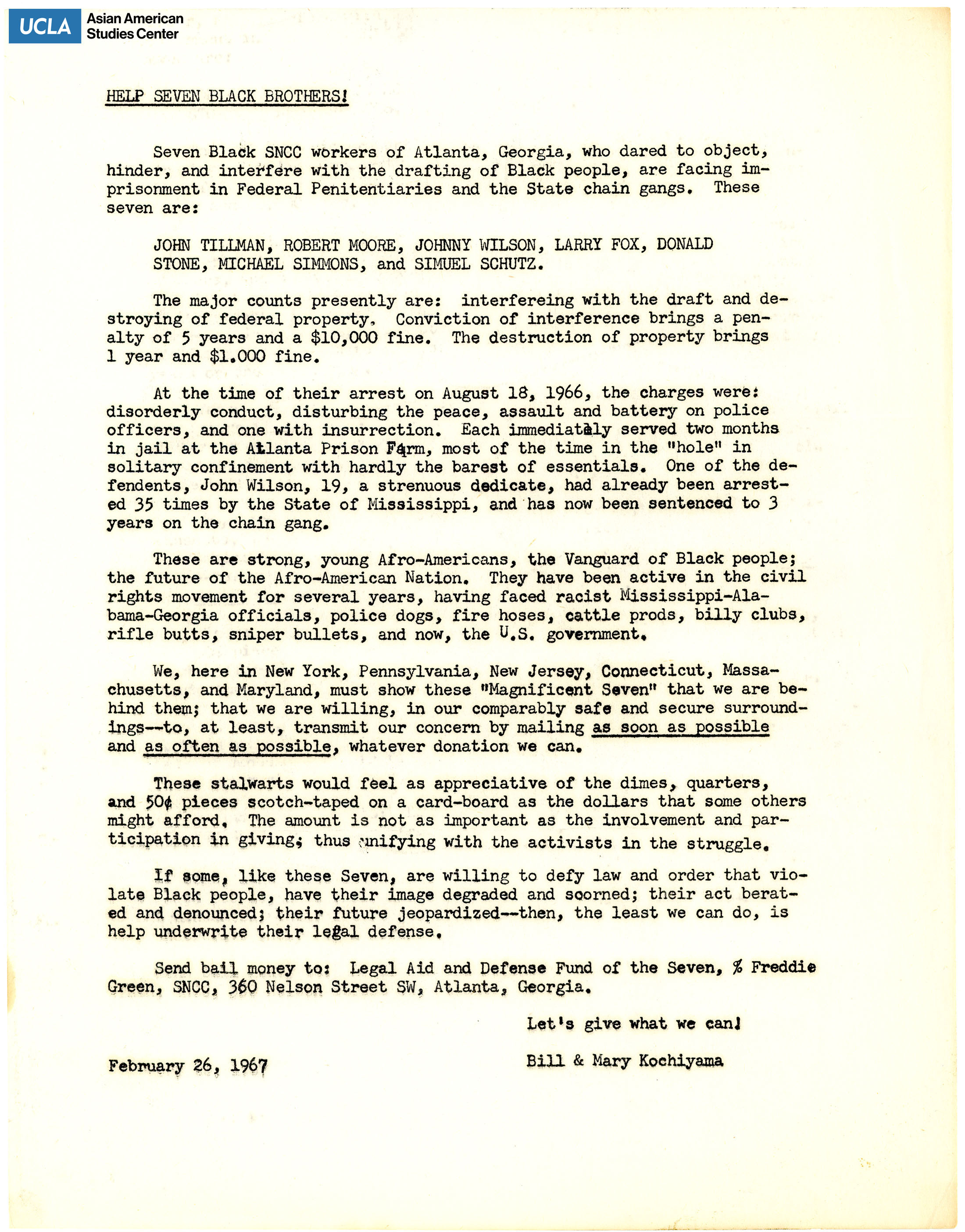Letter regarding the imprisonment of seven Black SNCC worders in Atlanta, Georgia.