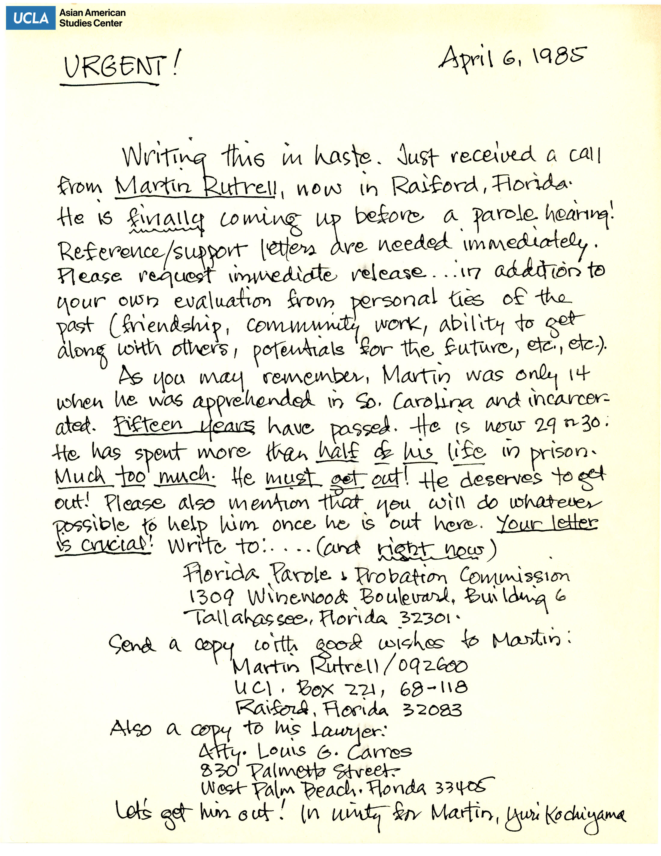 Letter regarding the parole hearing of Martin Rutrell.