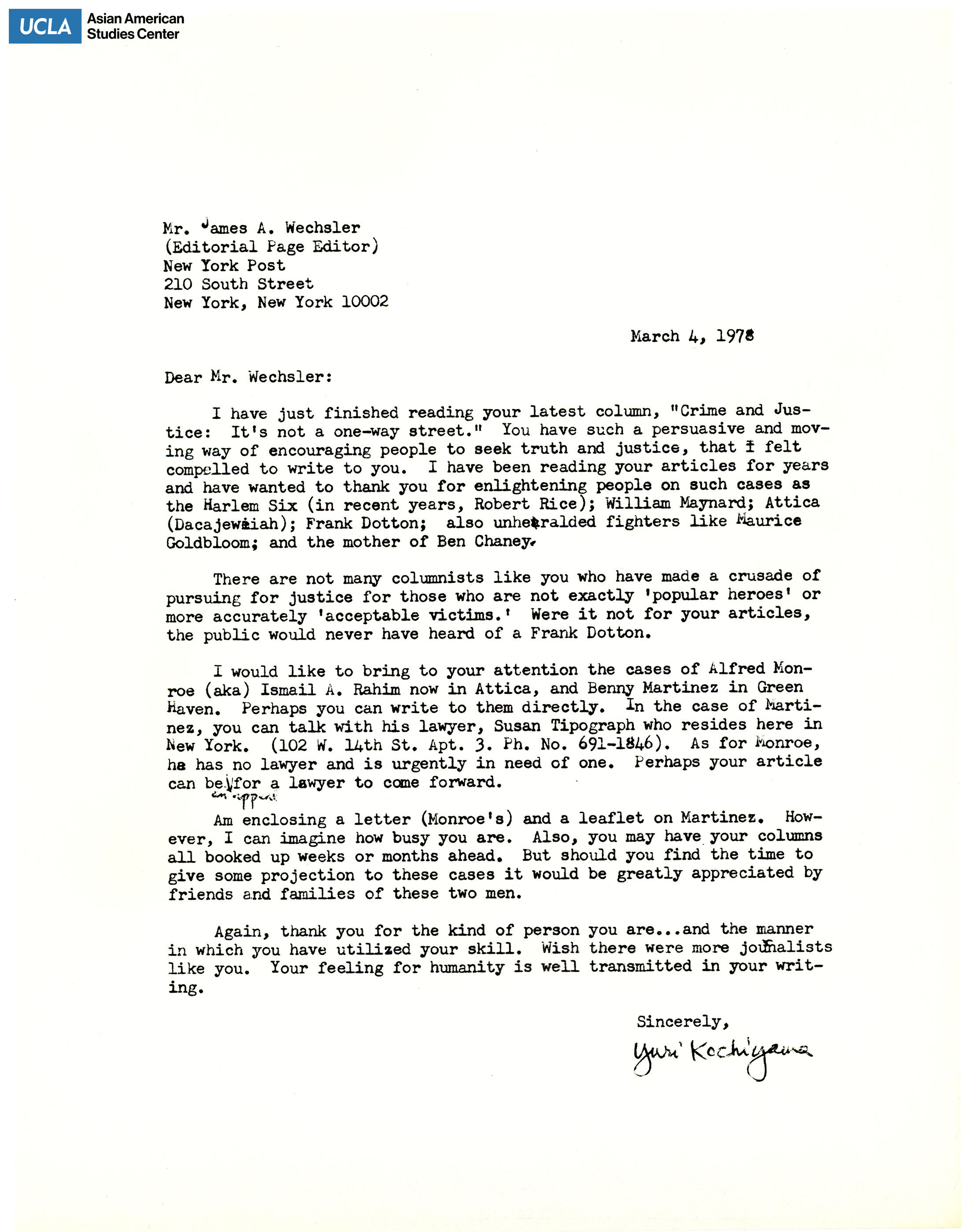 Letter regarding to consider writing an article on politial prisoners Alfred Monroe (Ismail A. Rahim) and Benny Martinez.