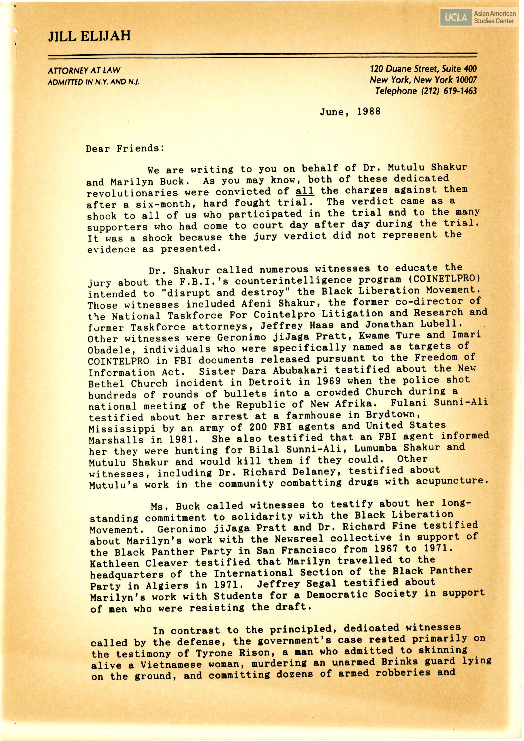 Letter regarding the charges against Dr. Mutulu Shakur and Marilyn Buck.