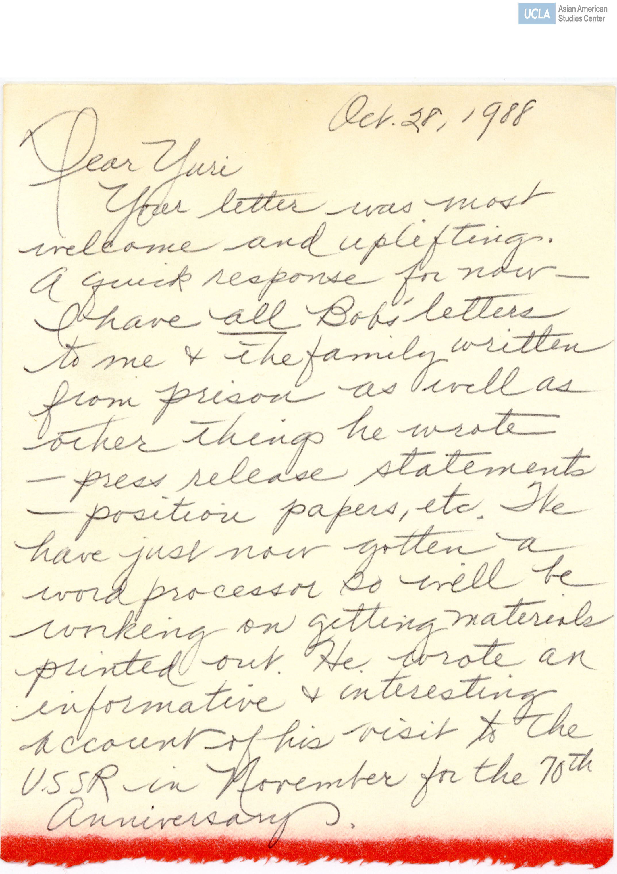 Letter addressed Yuri Kochiama.