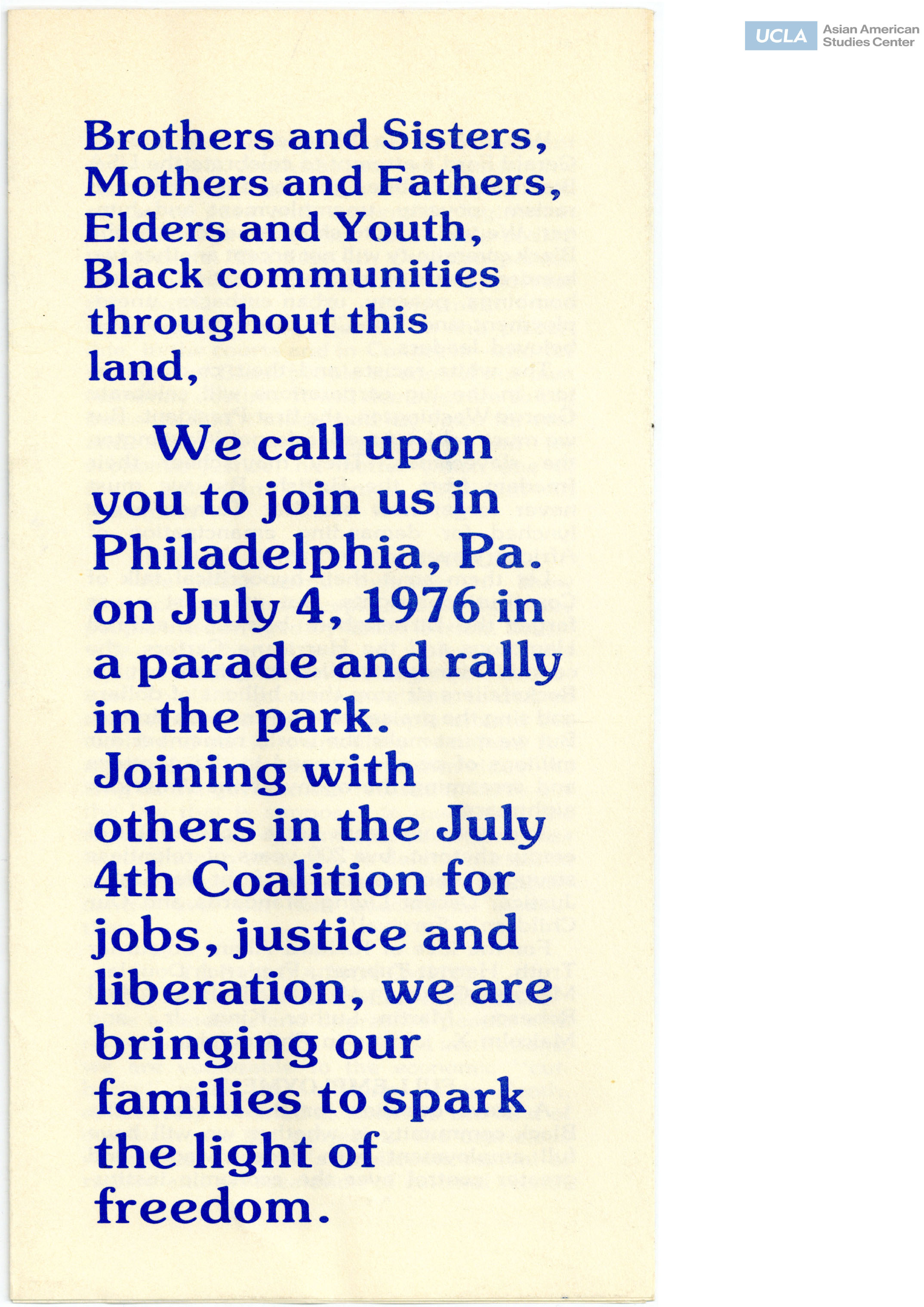Pamphlet regarding rally and parade on July 4th.