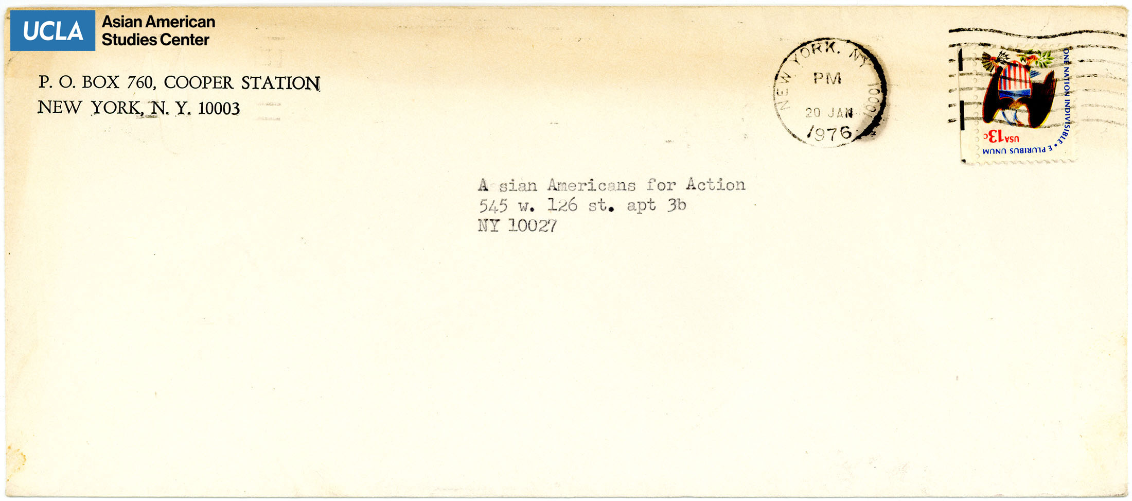 Envelope addressed to Asian Americans for Action. Postmarked on January 20, 1976.