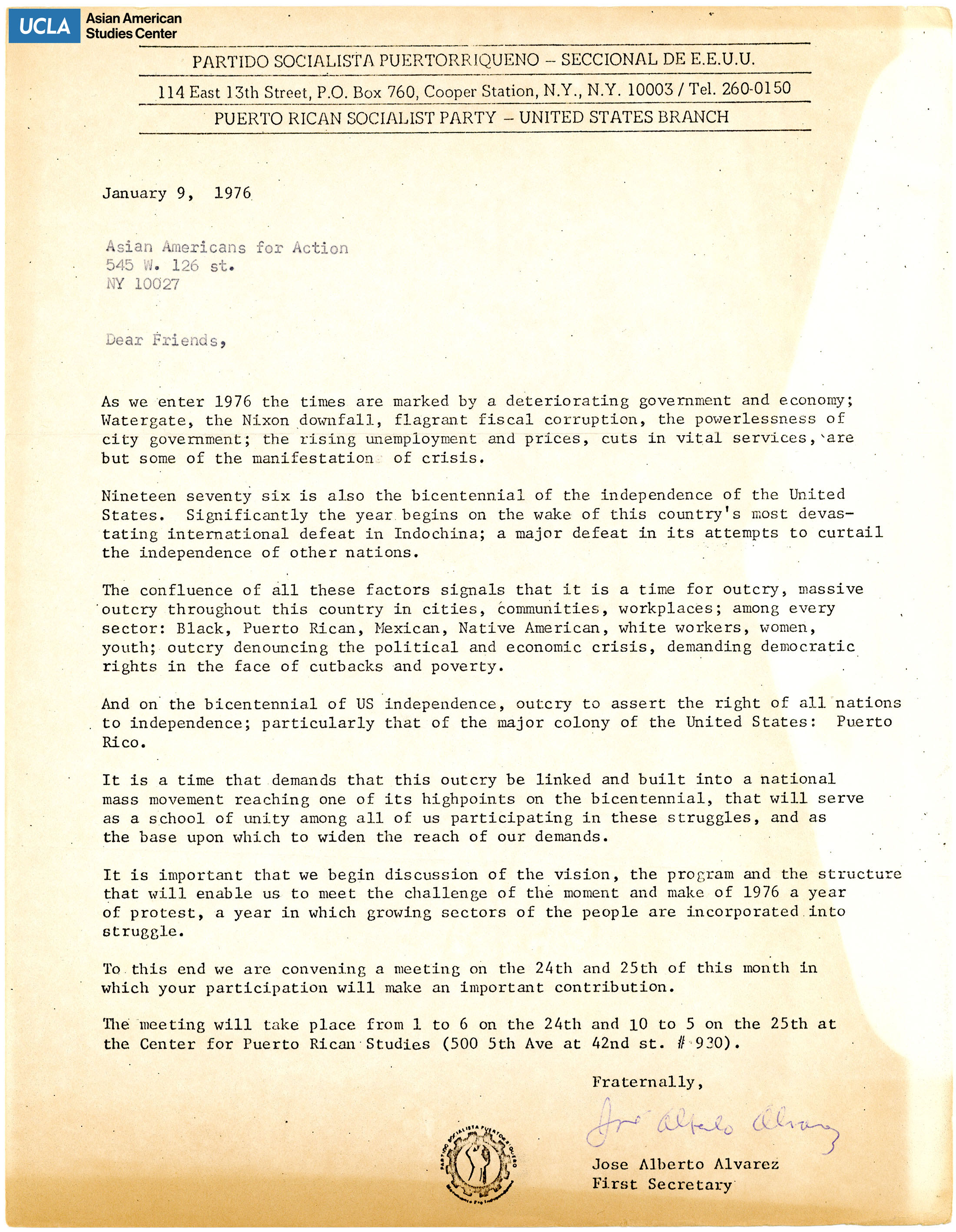 Letter regarding the bicentennial of the indpendence.