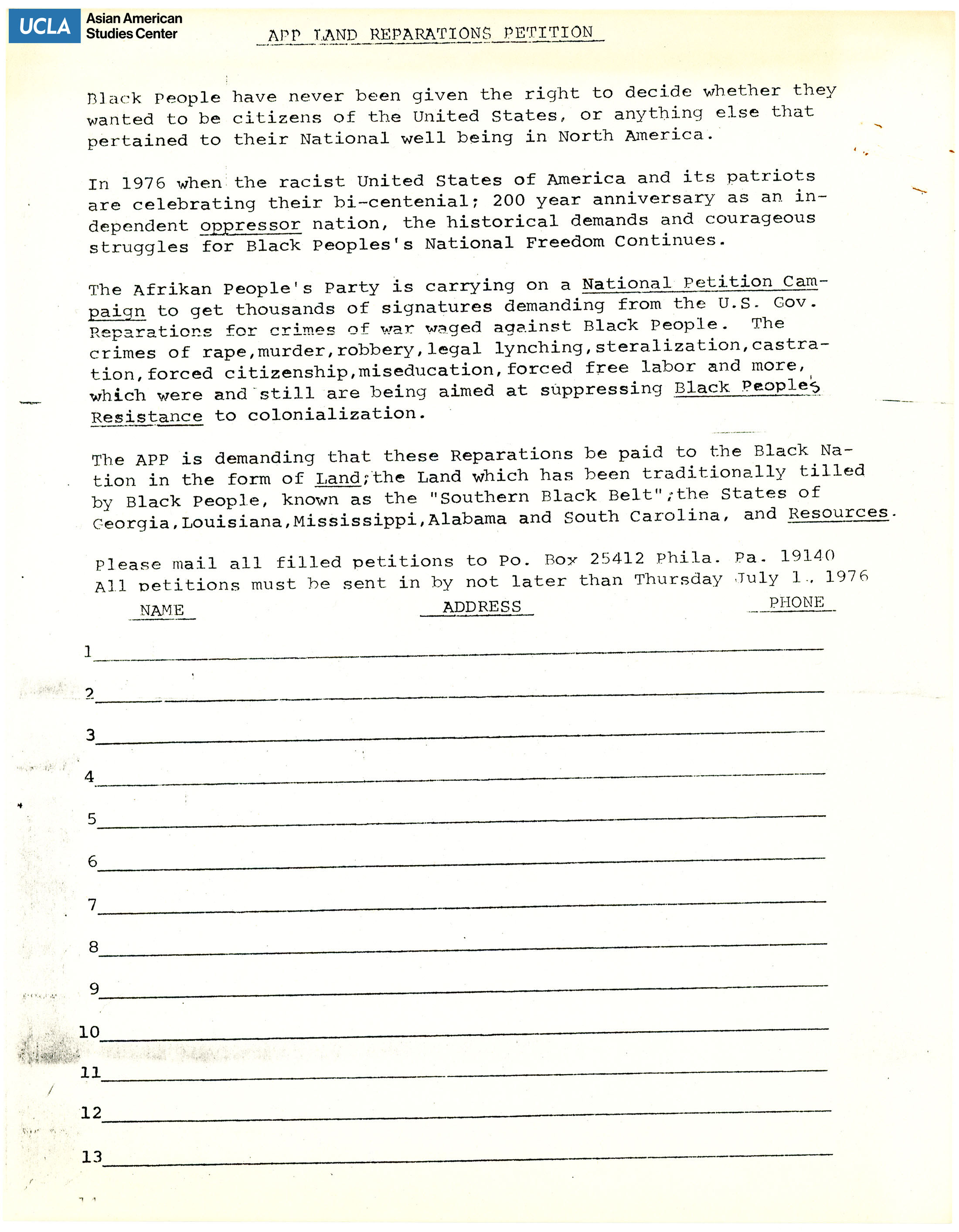 Petition regarding National Petition Campaign for war crimes against Black people.