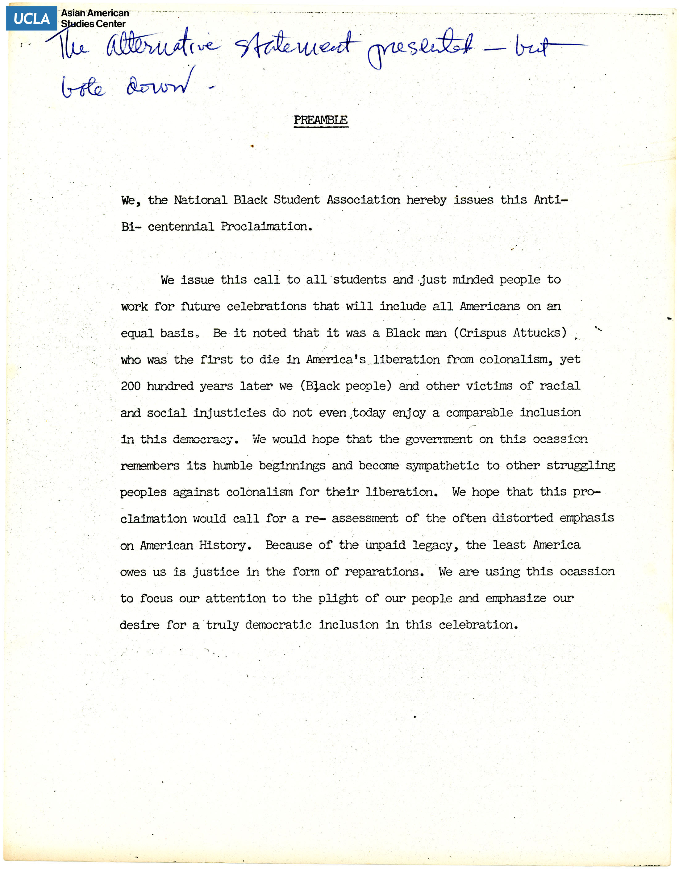 Statement from the National Black Student Association on anti-bicentennial demonstration.