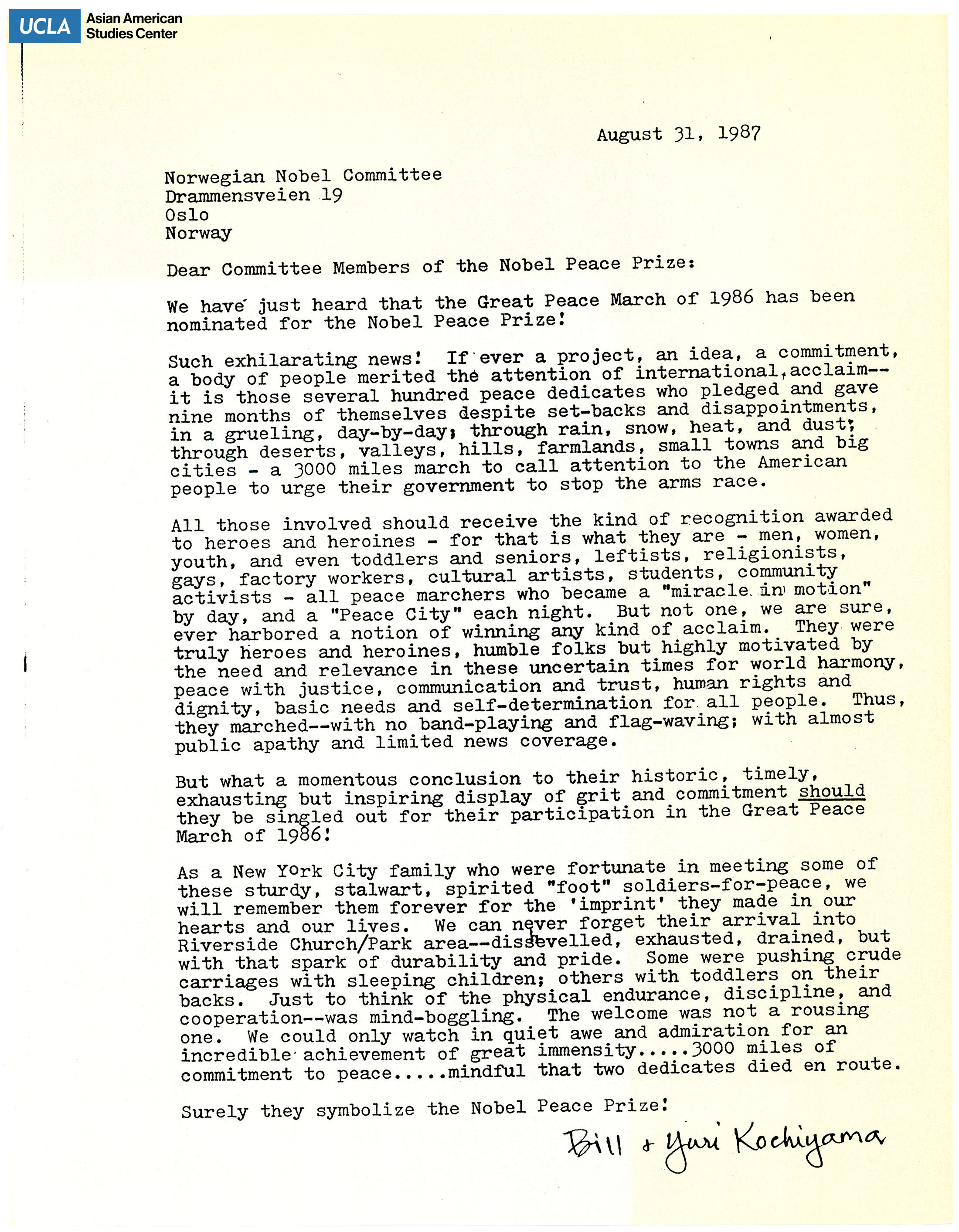 Letter regarding the nomination of the Great Peace March of 1986.
