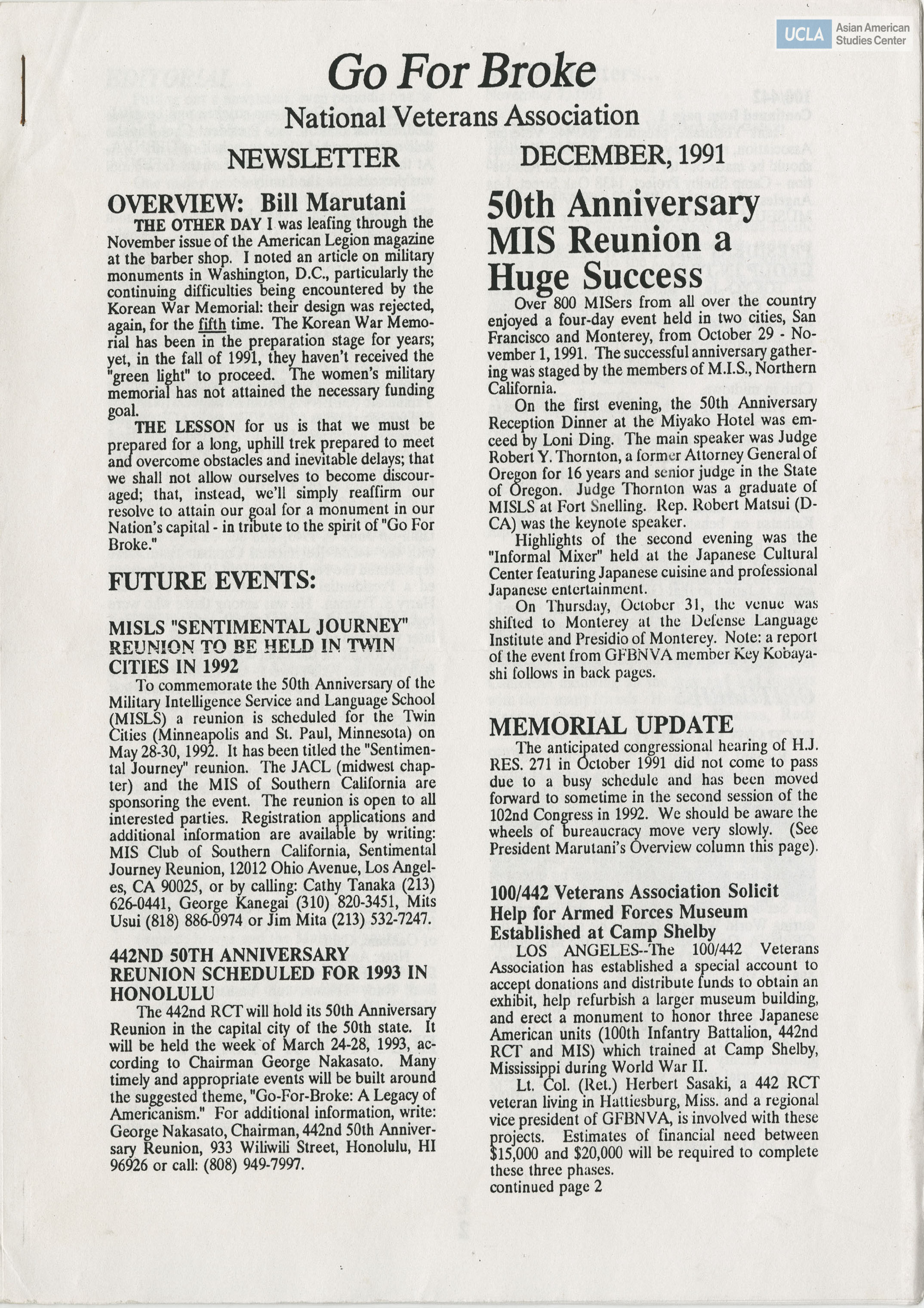 Newsletter for veterans of the 100th Infantry Battalion and 442nd Regimental Combat Team.