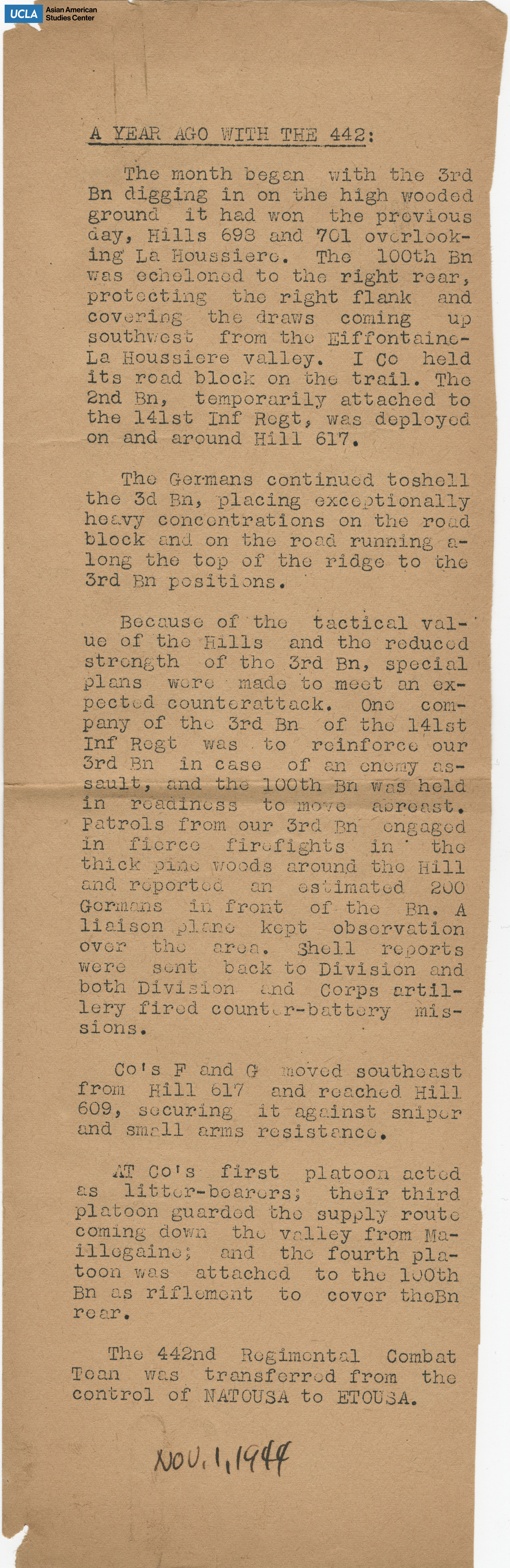 Clipping regarding an update with the 442nd Regimental Combat Team.