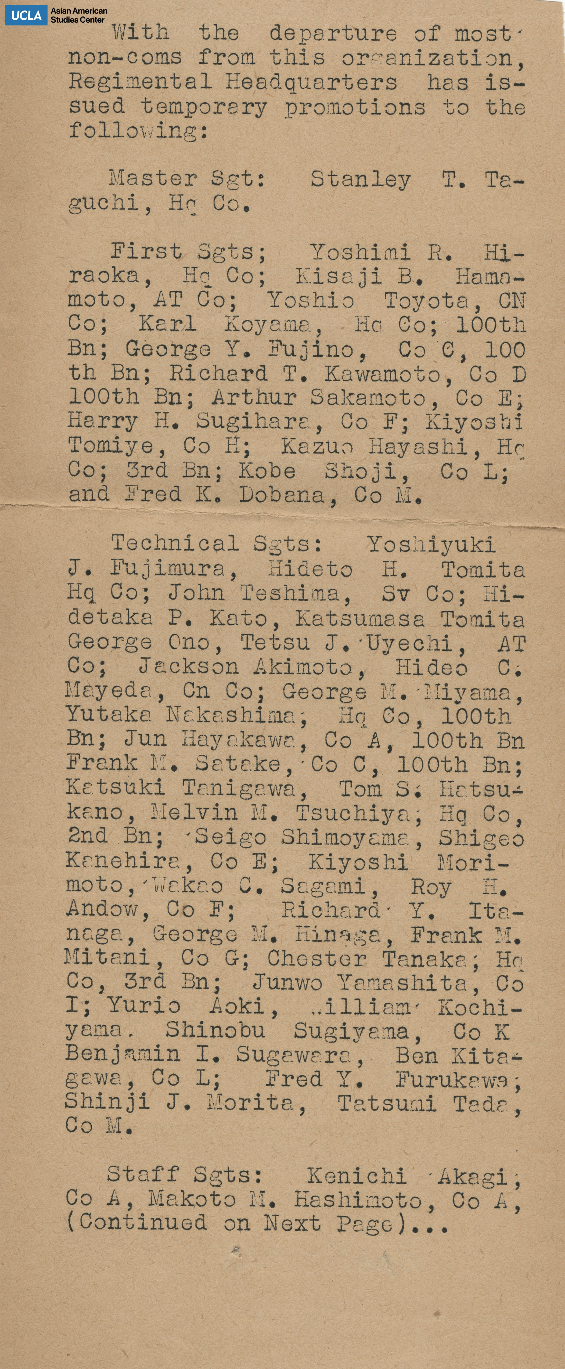 Listing of sergeants in first, technical, and staff rankings.