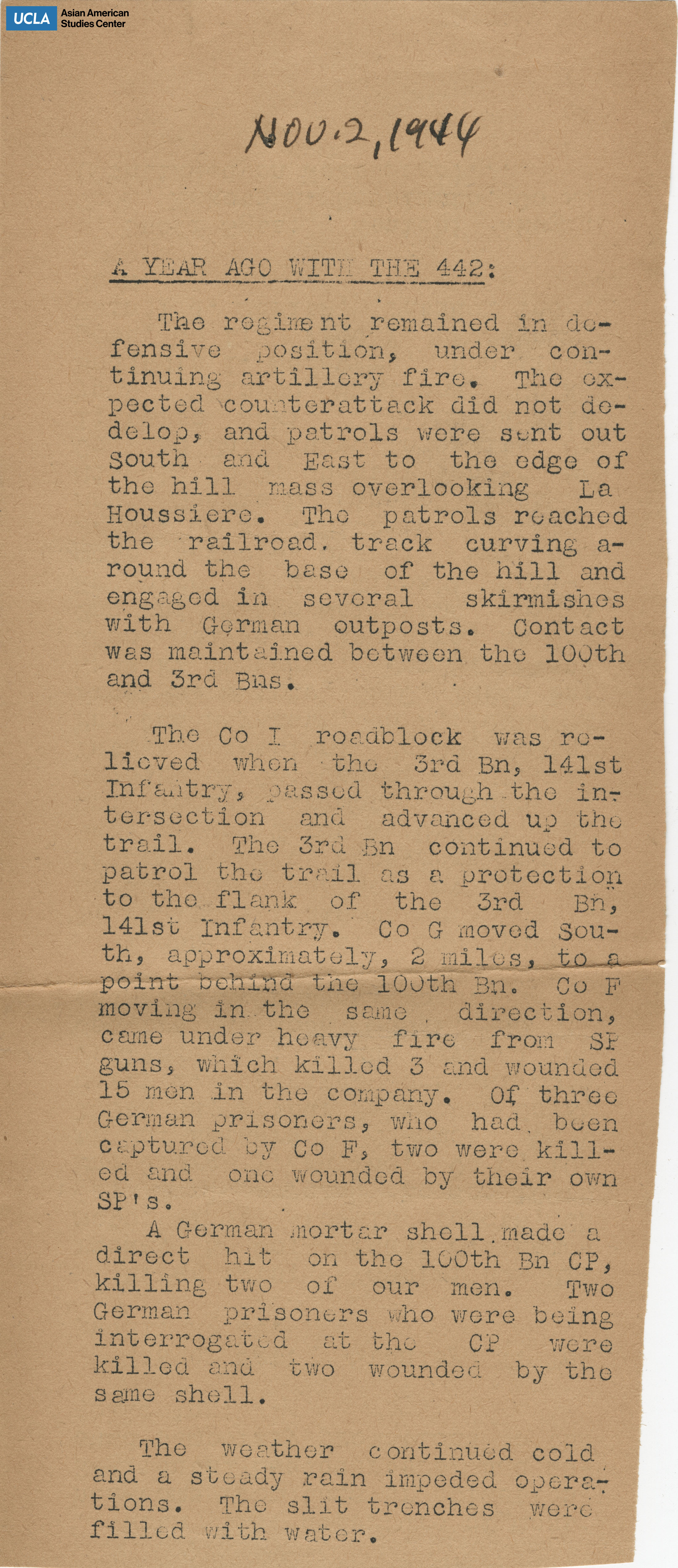 Clipping regarding an update with the 442nd Regimental Combat Team. The regiment is in defensive position.
