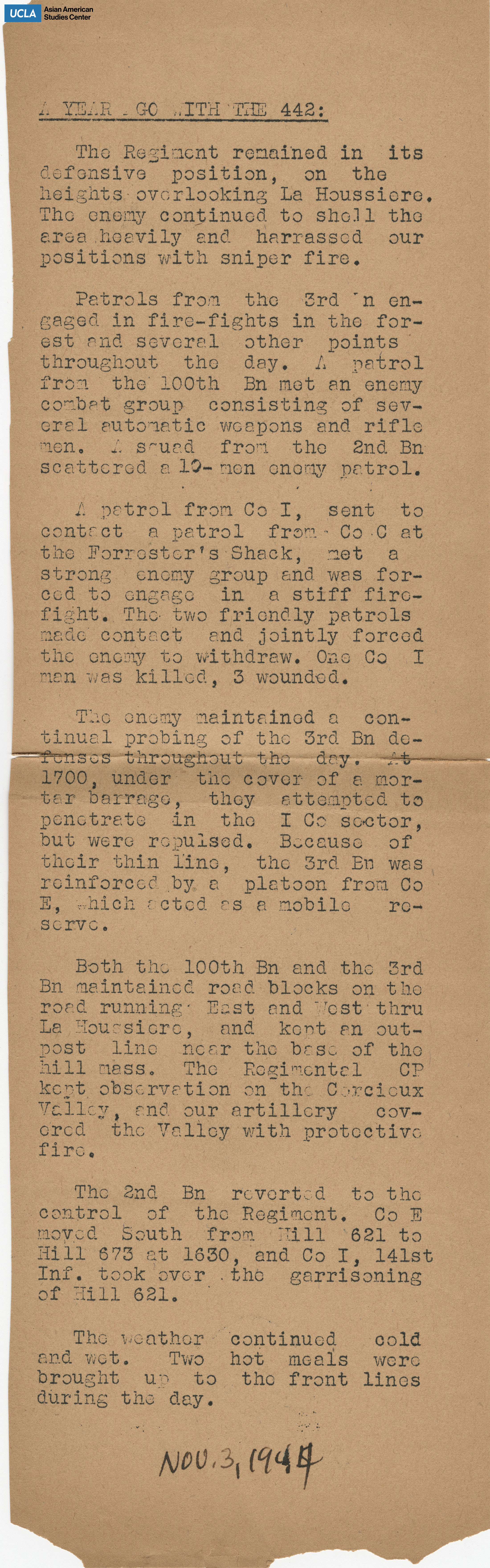 Clipping regarding servicemen in defensive position overlooking La Houssiere.
