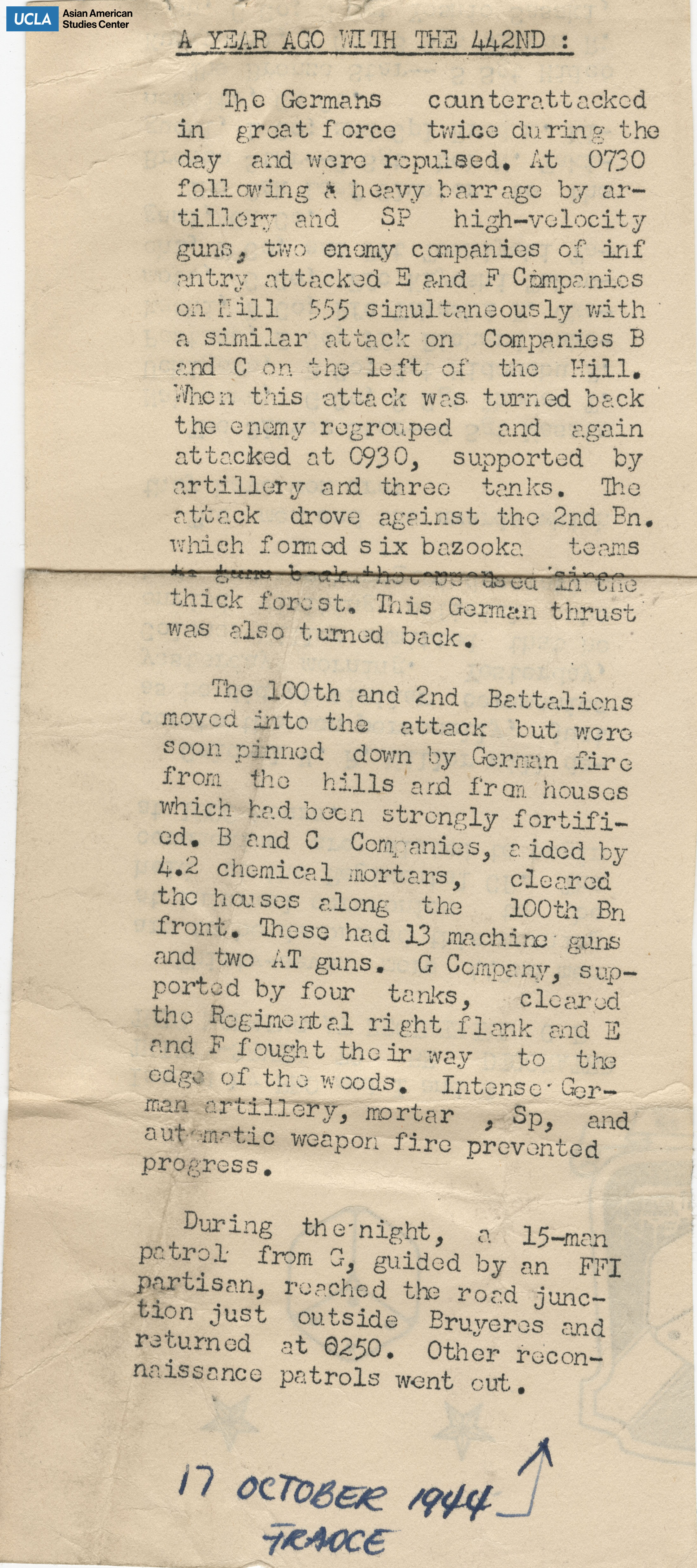 Clipping regarding an update from the battalion.