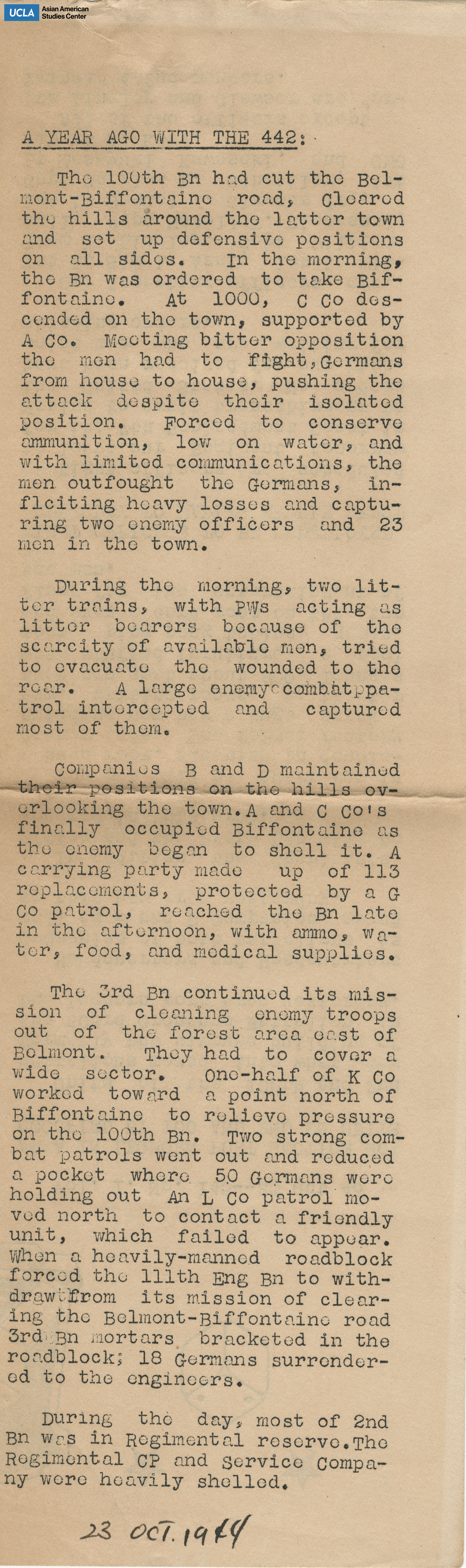 Clipping regarding update with the 100th battalion.