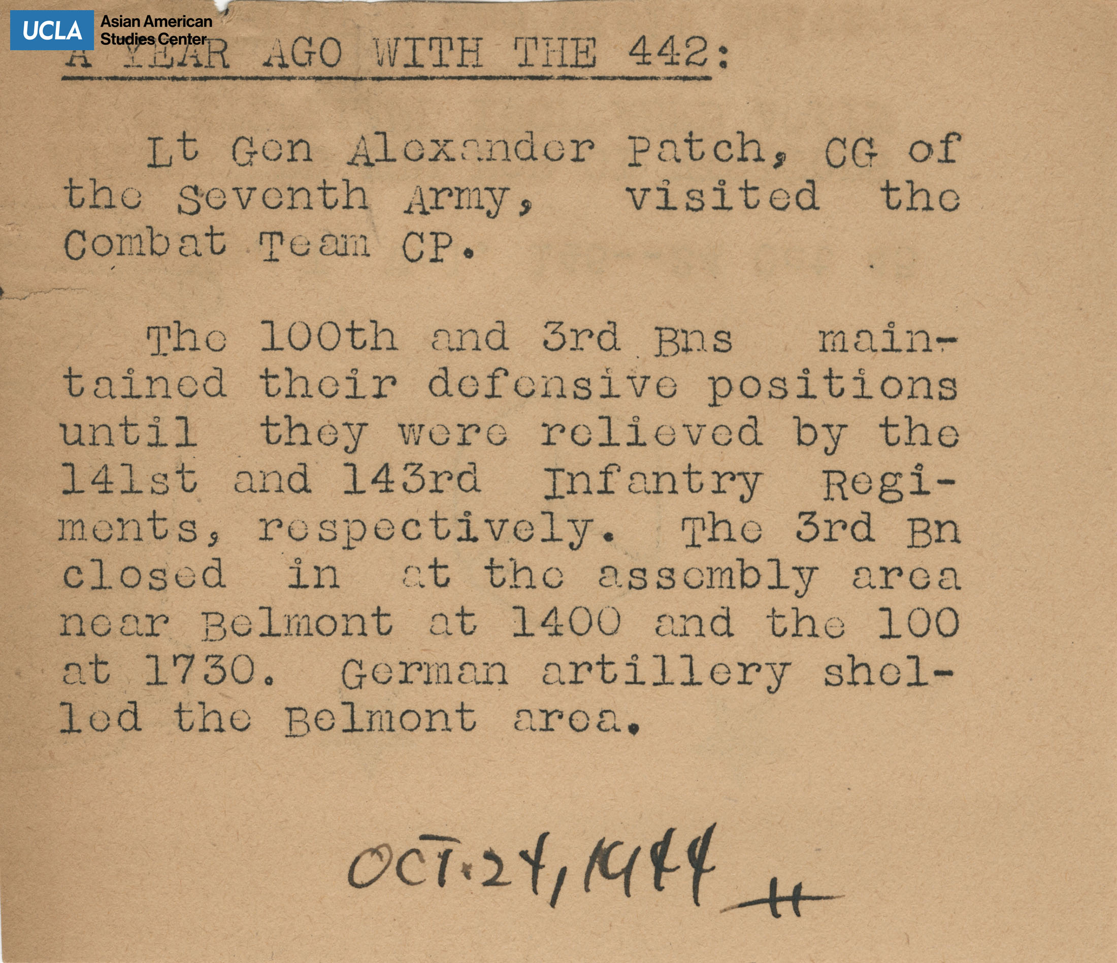 Clipping regarding visiting General Alexander Patch visit to Combat Team CP.