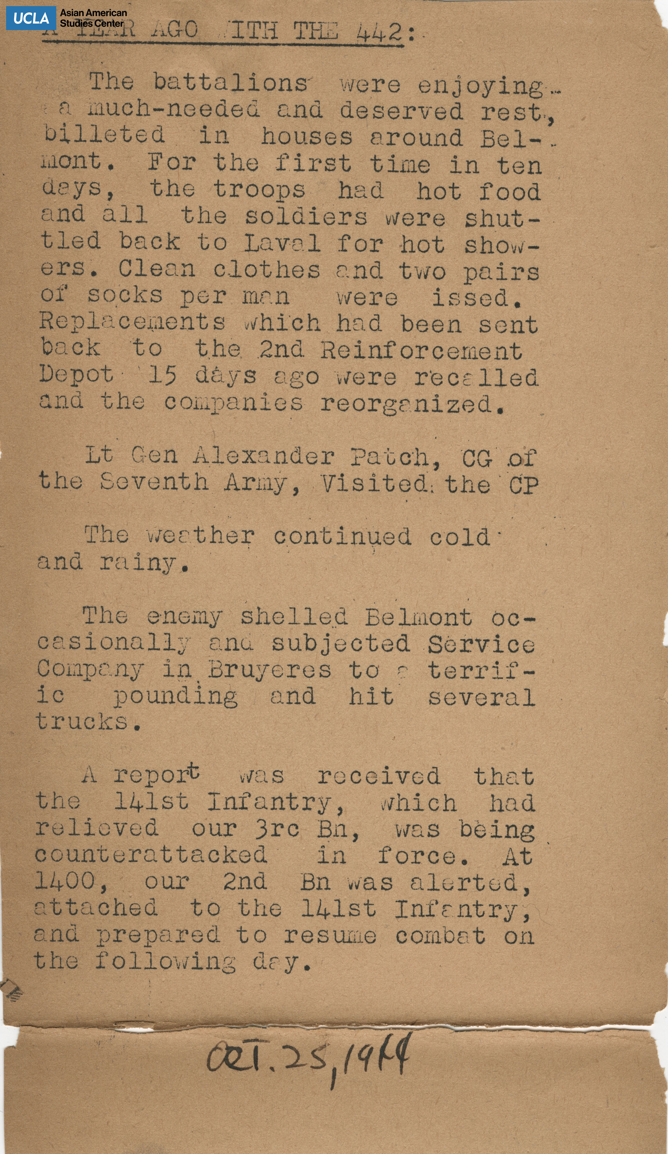 Clipping regarding an update on the battalion receiving hot foods and shelter.