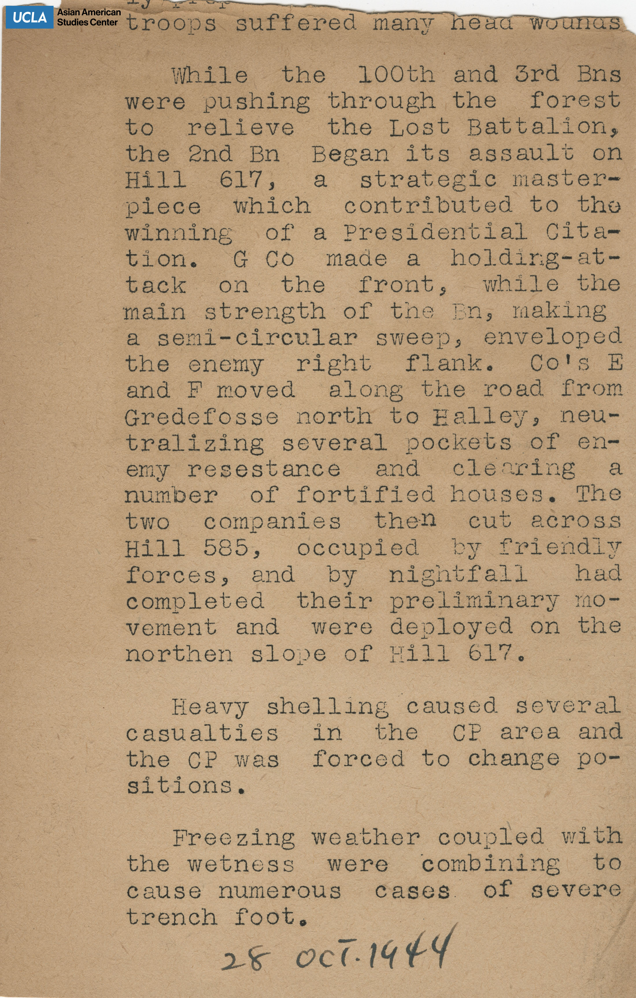 Clipping regarding an update from the 100th battalion.