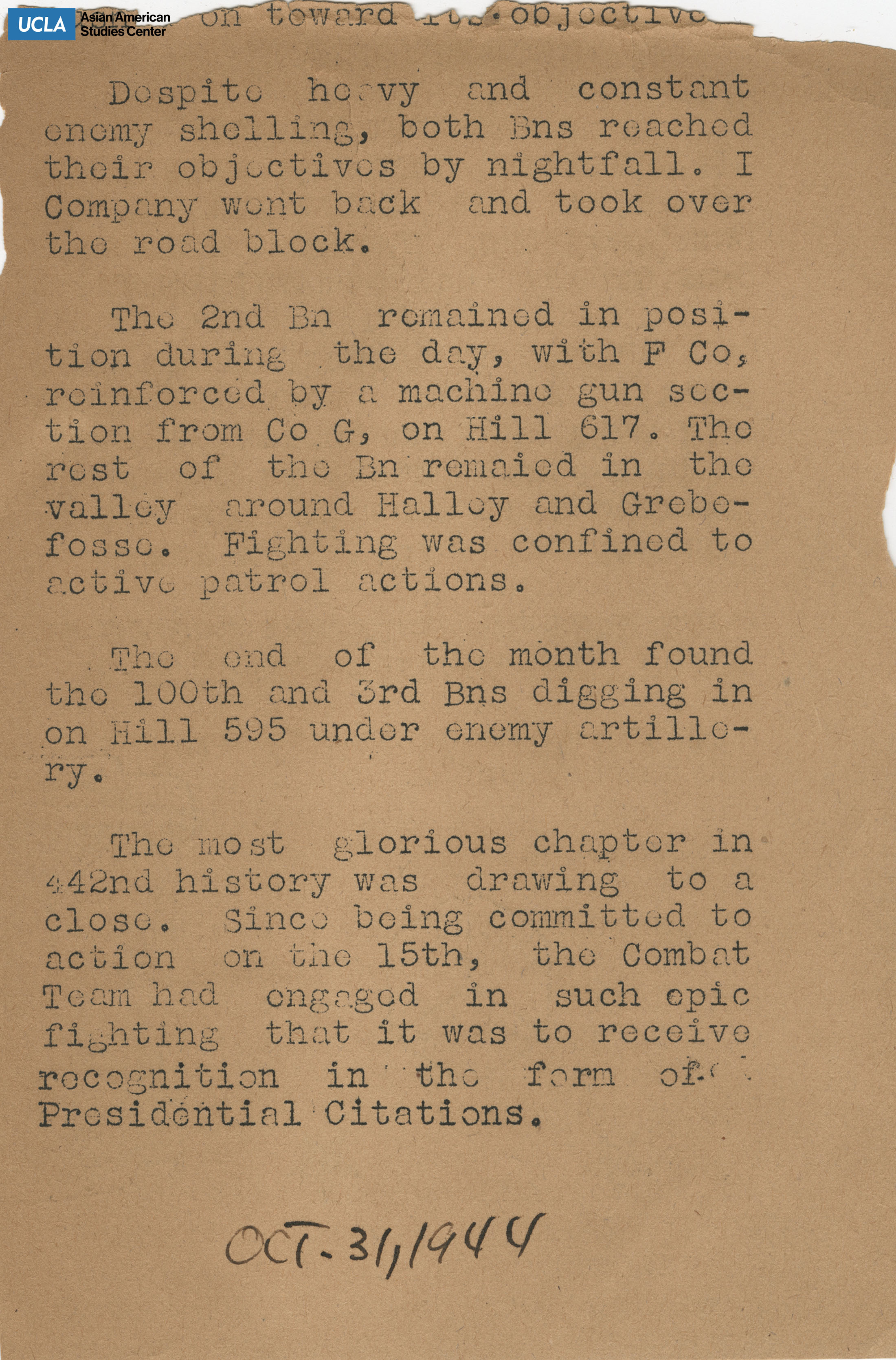Clipping regarding the 100th battalion receiving enemy shelling.