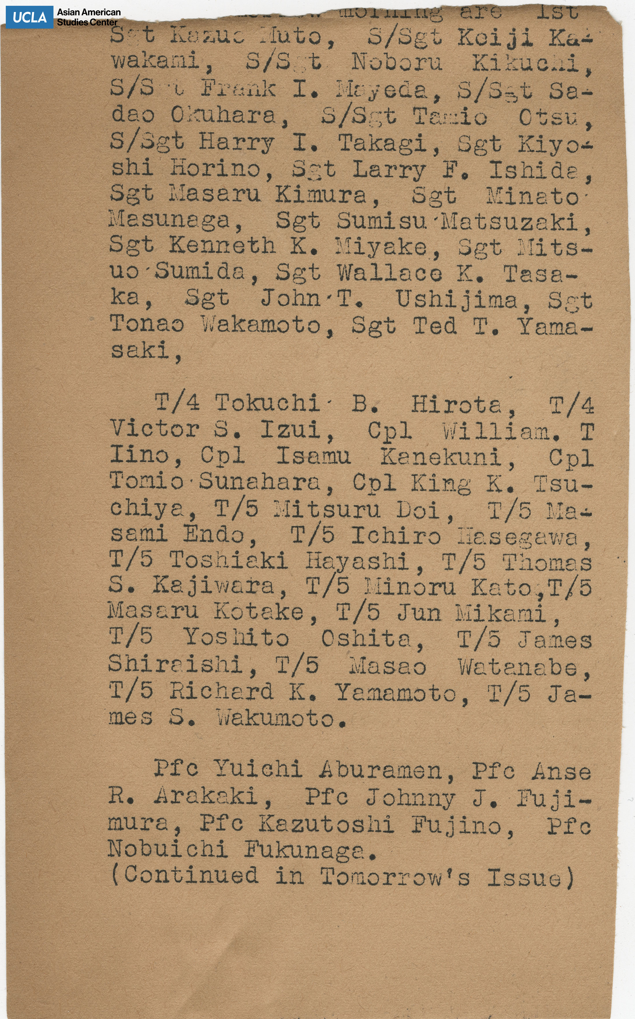 Clipping regarding the listing Japanese American serviceman.