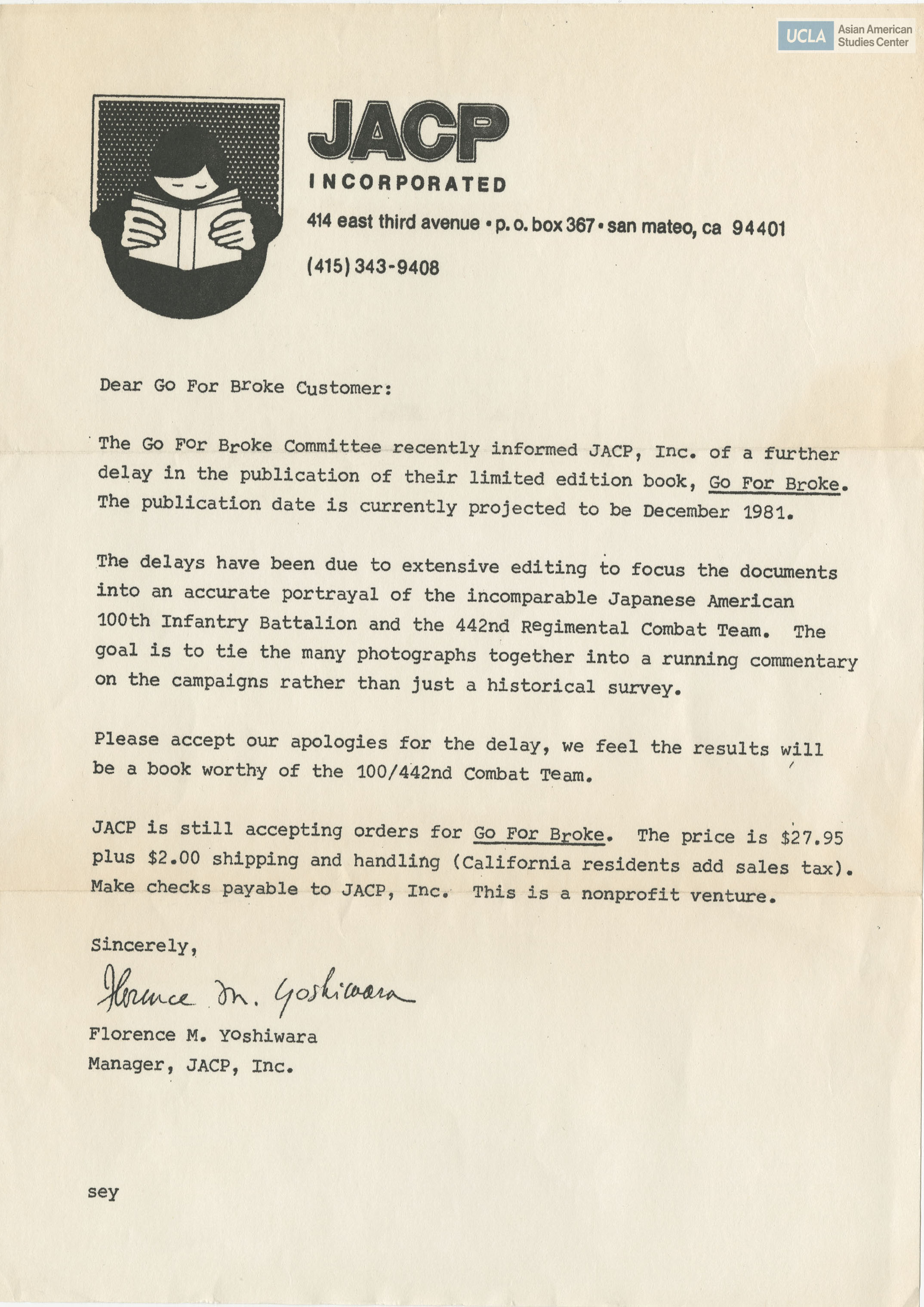 Letter regarding delay in the publishingo of Go for Broke book until December 1981.