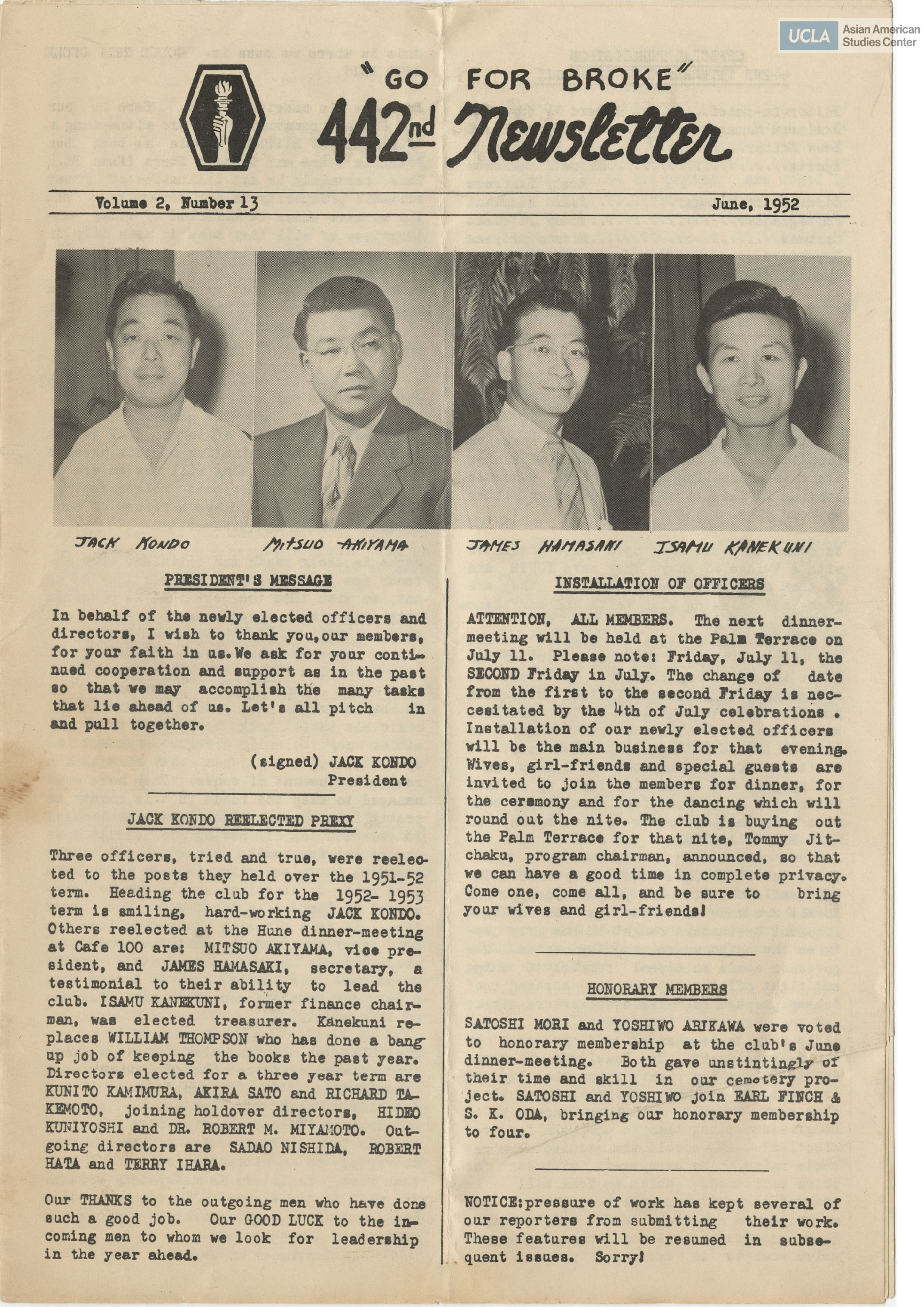 Newsletter regarding veterans of the 442nd Regimental Combat Team.